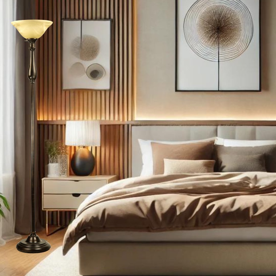Royal Floor Lamp With Bronze Finish And Amber Alabaster Glass Shade -looking For Floor Lamp For Bedroom, Standing Lamp Or Floor Lamps For Living Room This Torchiere Floor Lamp Is A Great Choice