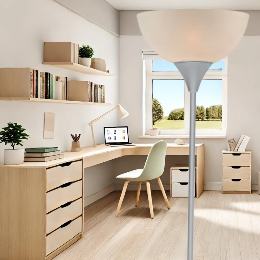 Stand Up Floor Lamp in Black - Modern Corner Light with White Opal Bowl Shade 72" Tall, 150-watt