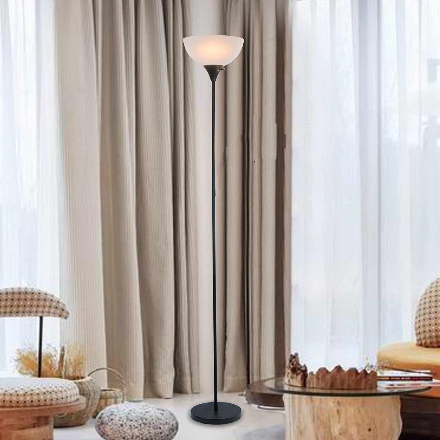 Stand Up Floor Lamp in Black - Modern Corner Light with White Opal Bowl Shade 72" Tall, 150-watt