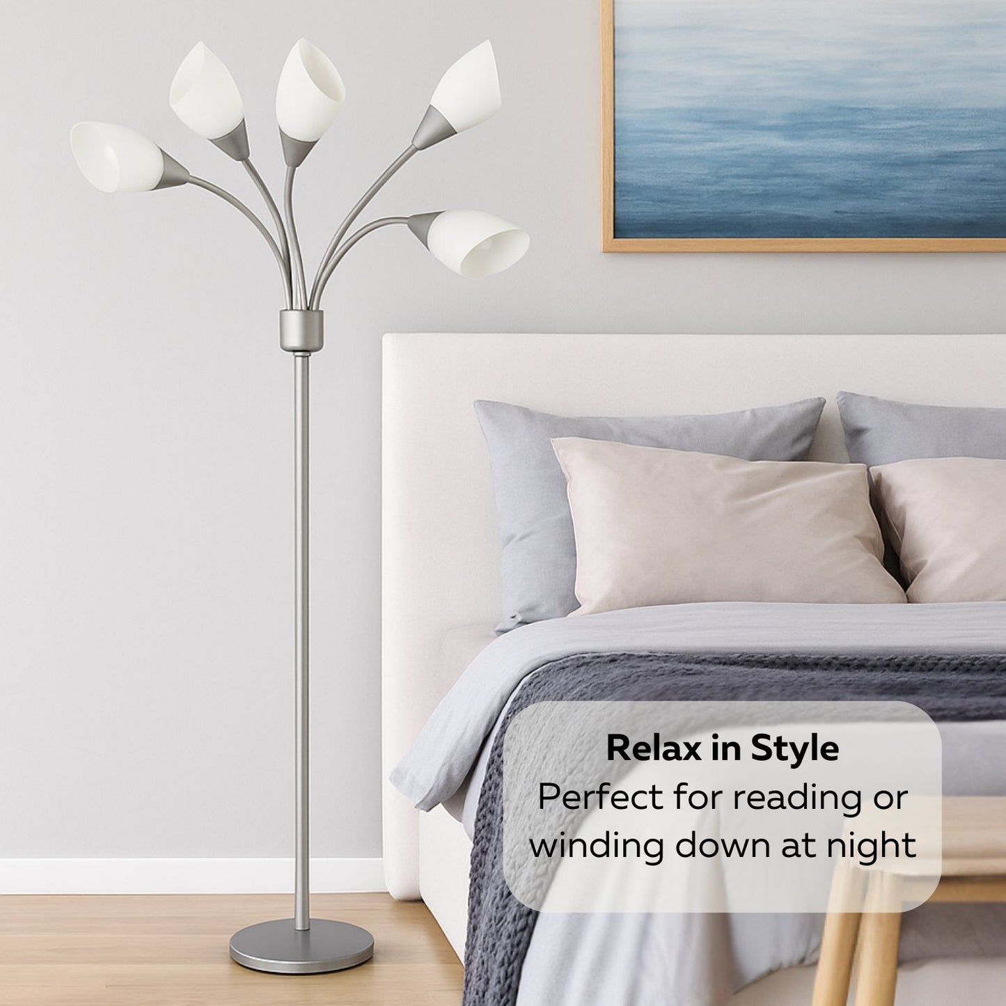 Medusa 5-Light Adjustable Floor Lamp – Black or Silver with White or Multicolor Shades for Living Room, Bedroom, or Office Decor