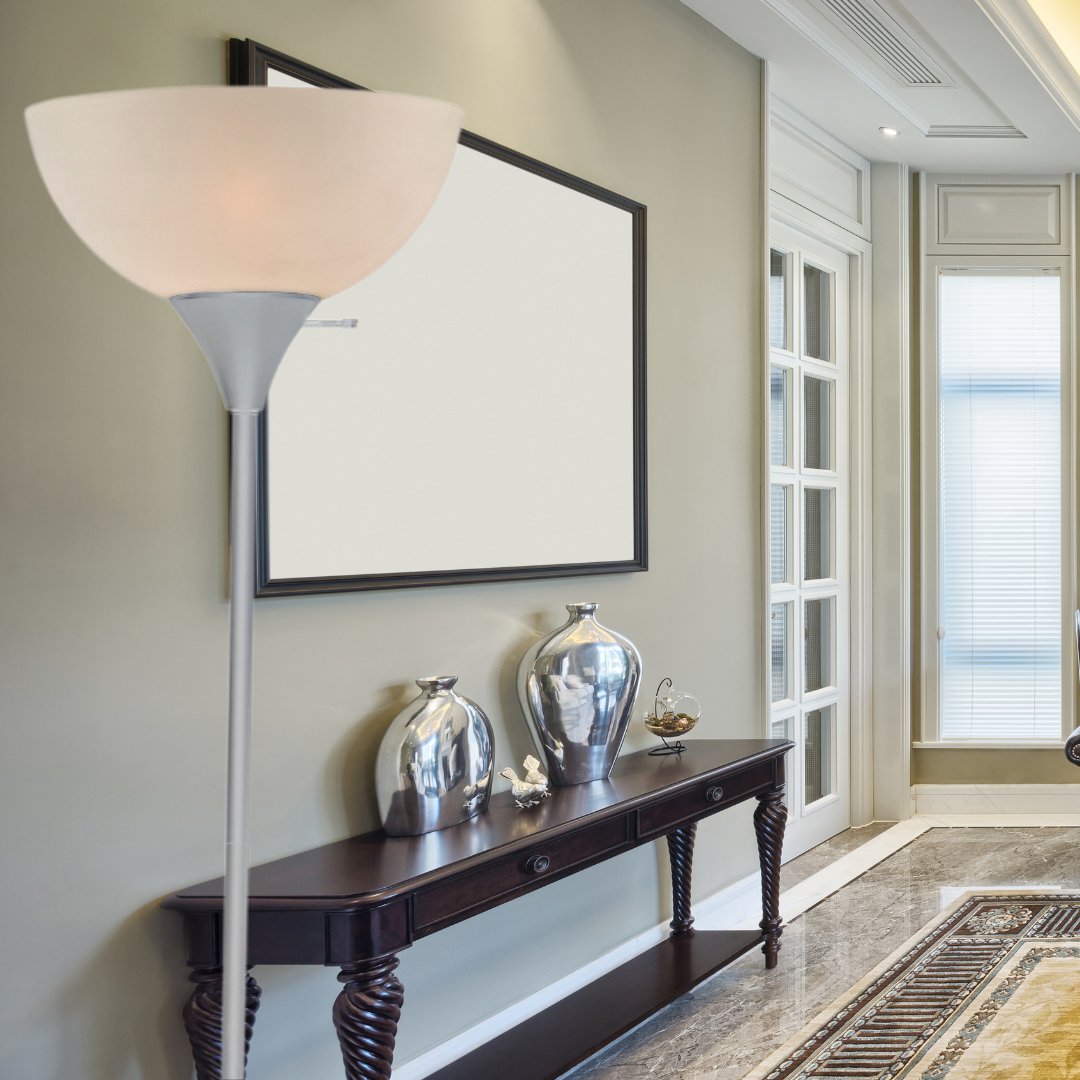 Stand Up Floor Lamp in Black - Modern Corner Light with White Opal Bowl Shade 72" Tall, 150-watt
