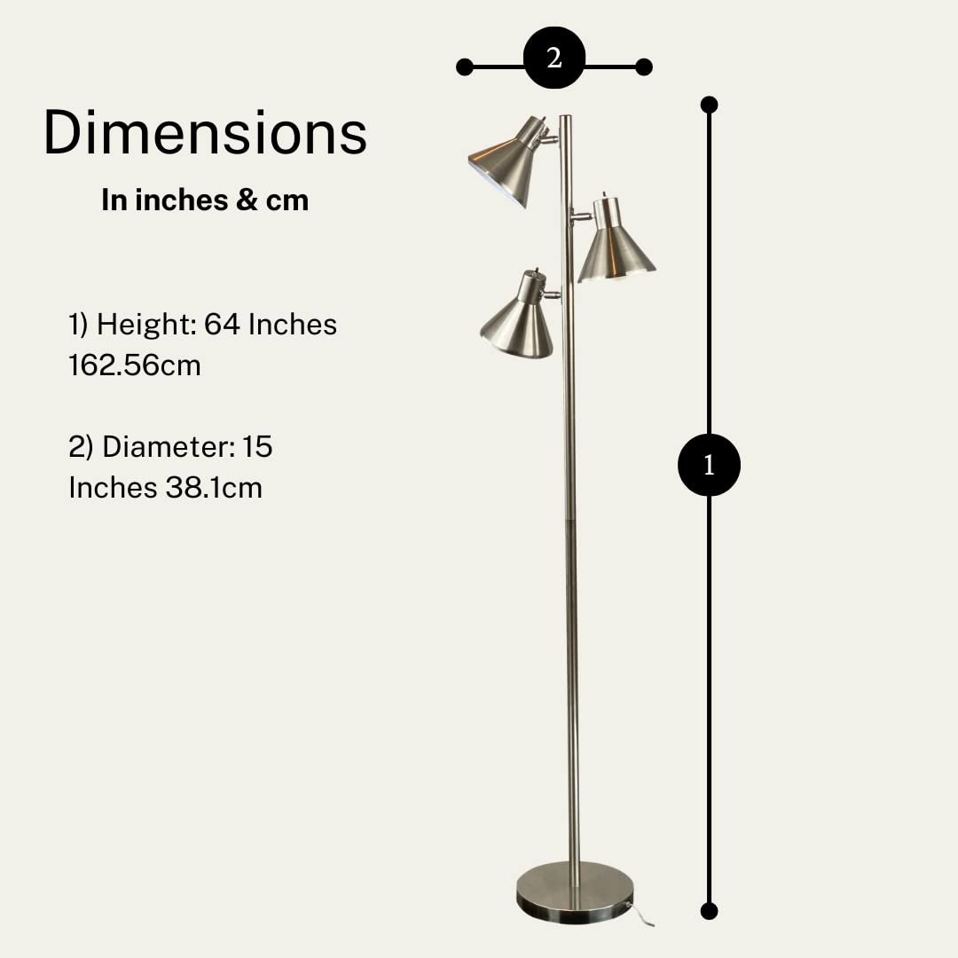 Dorm 3 Light Floor Lamp with 3 Adjustable Reading Room Lights by Lightaccents - Tree Style Standing Lamp with Adjustable Lights - Floor Standing Pole Light - Living Room Lamp (Brushed Nickel)