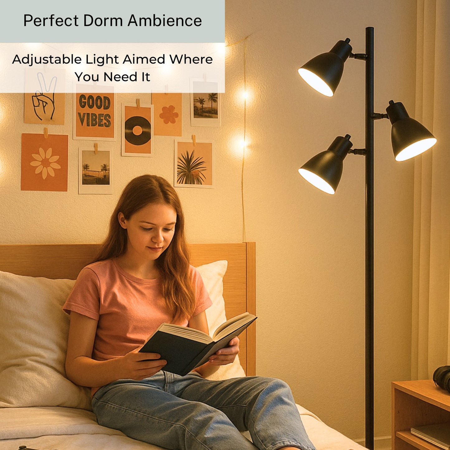 Dorm 3 Light Floor Lamp with 3 Adjustable Reading Room Lights by Lightaccents - Tree Style Standing Lamp with Adjustable Lights - Floor Standing Pole Light - Living Room Lamp (Brushed Nickel)
