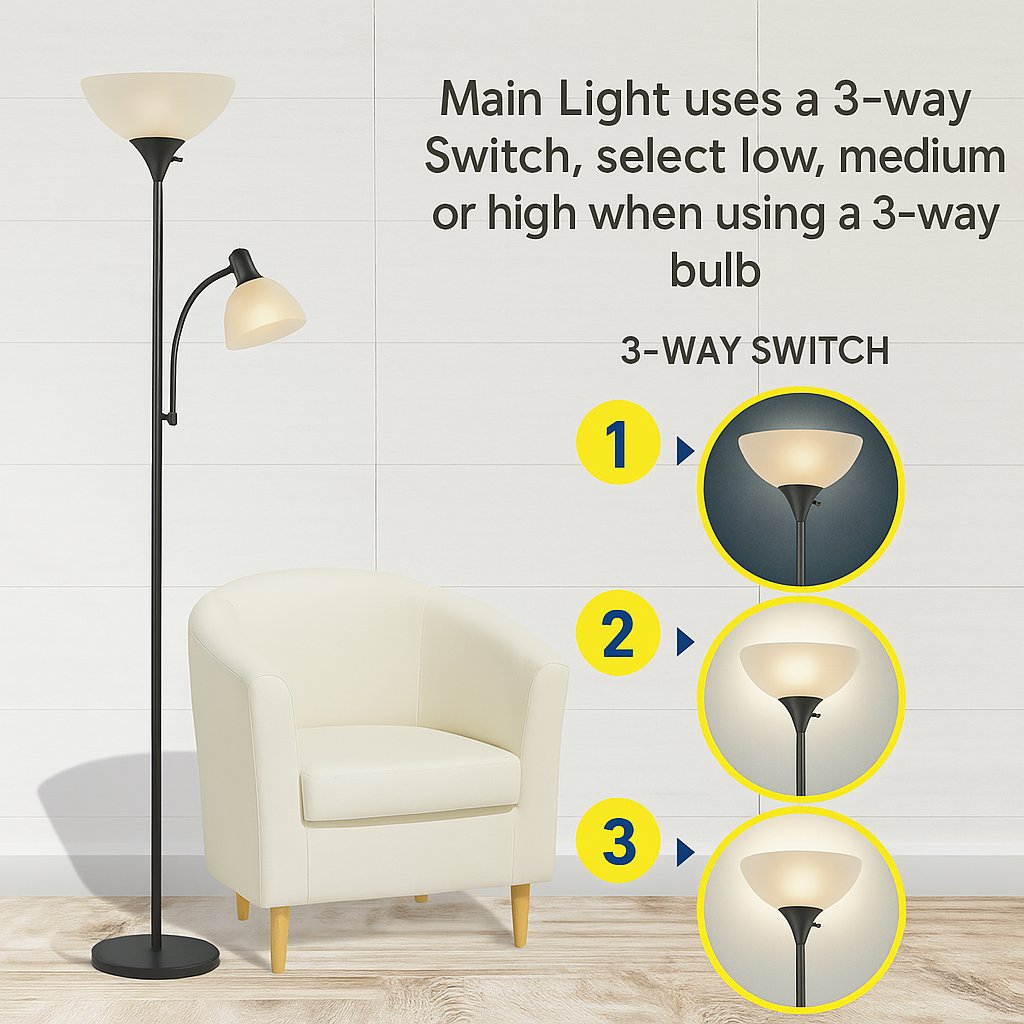 Torchiere Floor Lamp with Opal White Cone Shade – Standing Lamp for Living Room or Bedroom – Super Bright Corner Pole Lamp, Modern Floor Lamps for Living Room