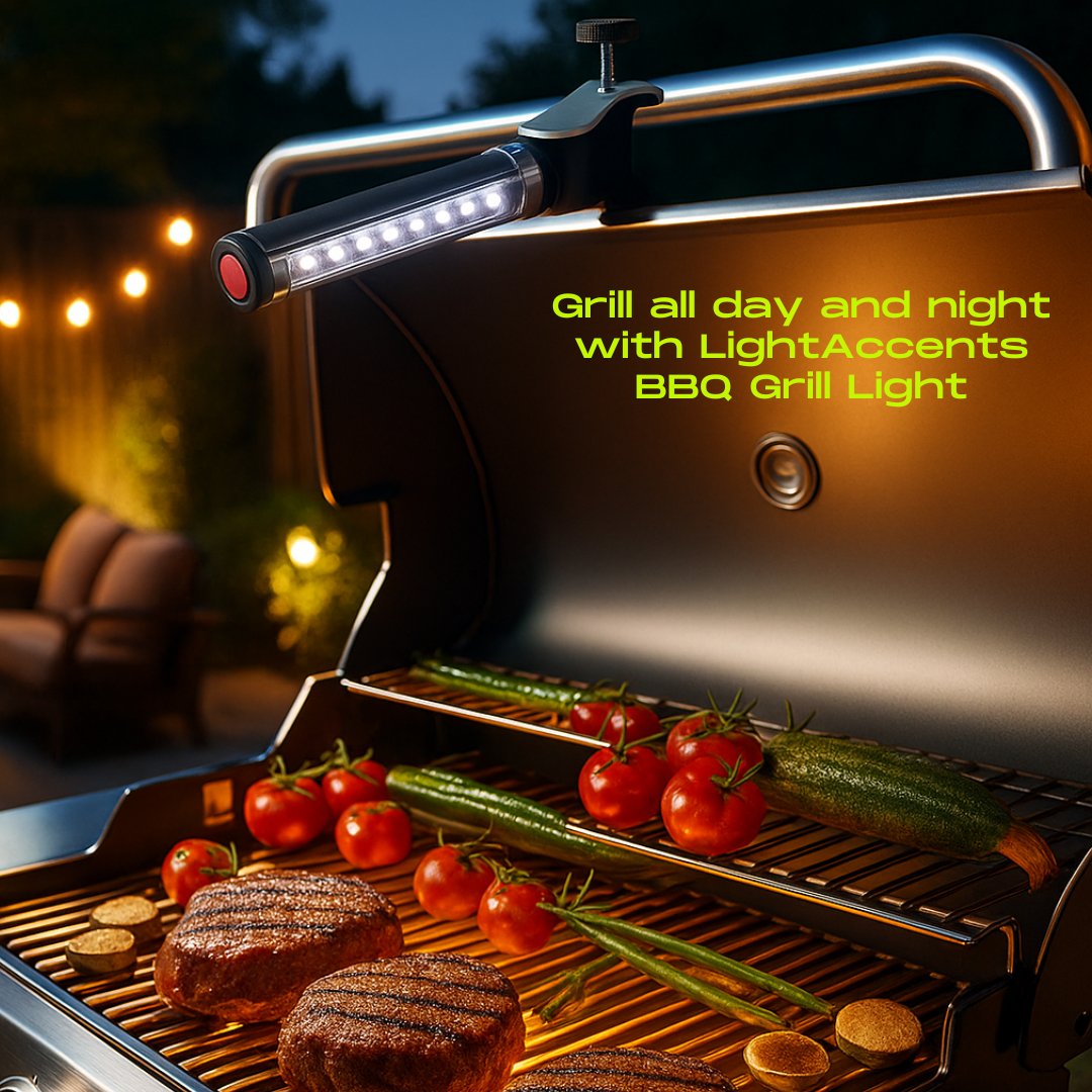 LIGHTACCENTS Barbecue Grill Light, Battery Operated LED BBQ Grill Light, Aluminum Clamp, Adjustable 180 Degrees, 10 LED Bulbs, Perfect for Outdoor Kitchen