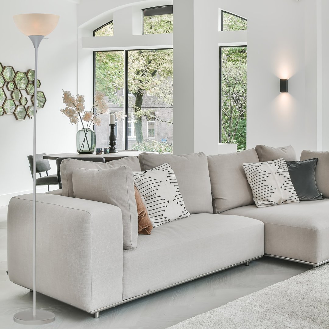 Stand Up Floor Lamp in Black - Modern Corner Light with White Opal Bowl Shade 72" Tall, 150-watt