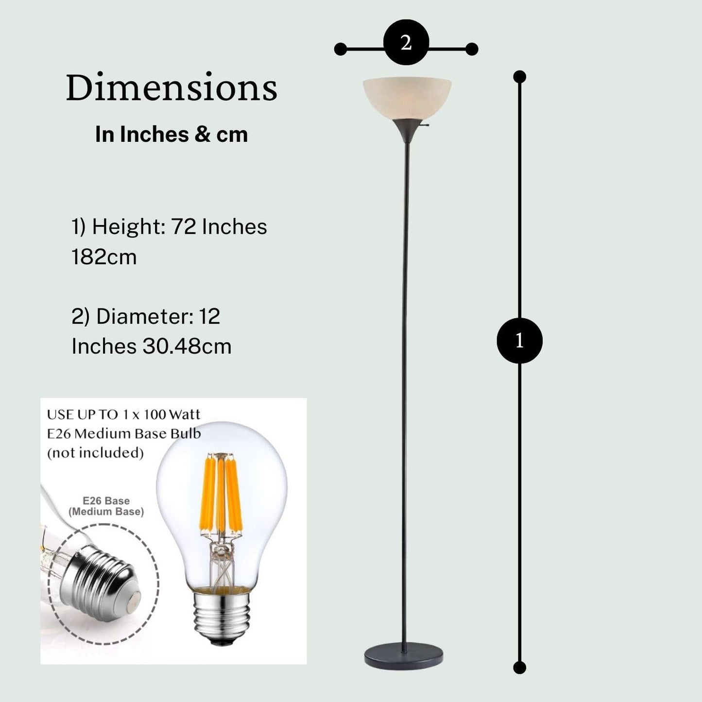 Stand Up Floor Lamp in Black - Modern Corner Light with White Opal Bowl Shade 72" Tall, 150-watt