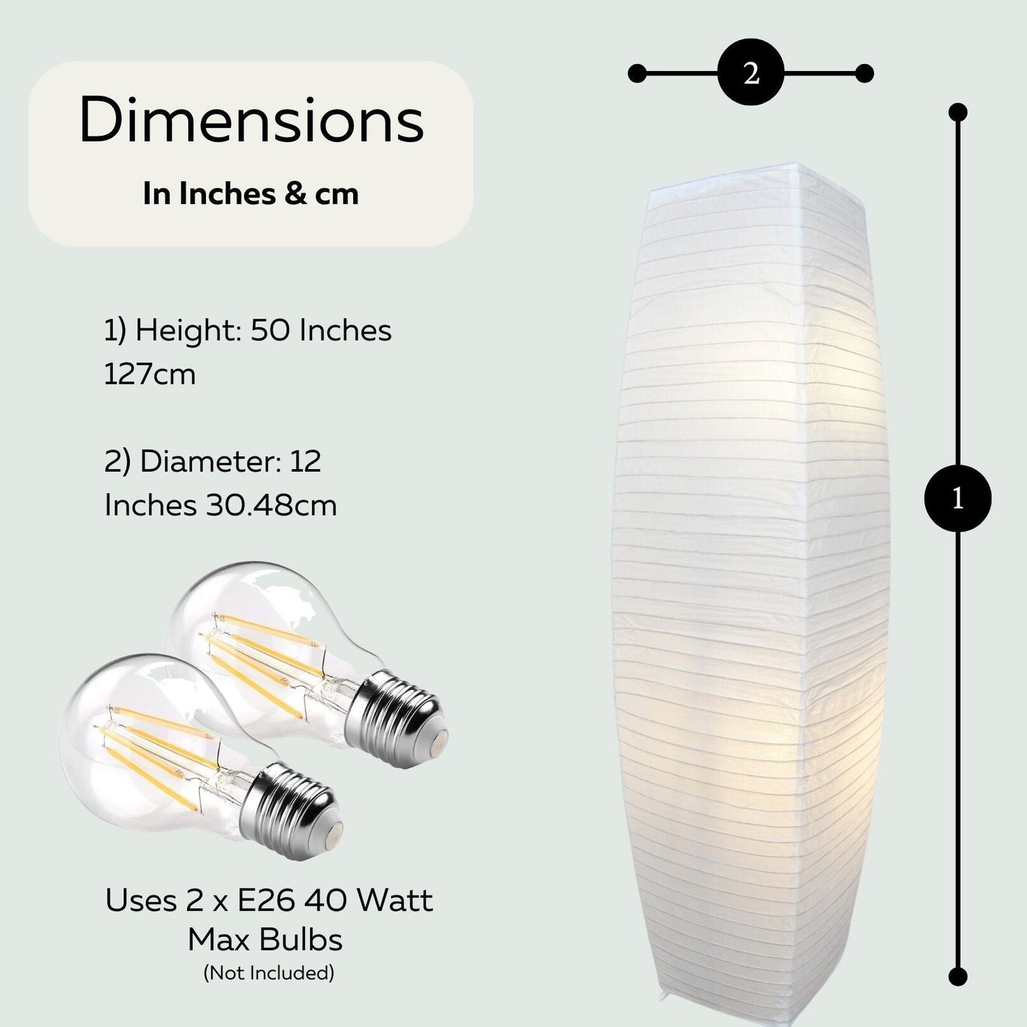 Japanese Rice Paper Floor Lamp 50” Tall Chrome Base with White Paper Shade