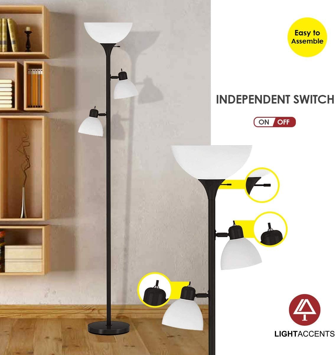 Floor Lamp by Light Accents - Floor Lamp for Living Room - Torchiere 3 Light Tall Lamp - 3 Light Standing Lamp 72" Tall Corner Lamp - Floor Lamp for Bedrooms (Black)