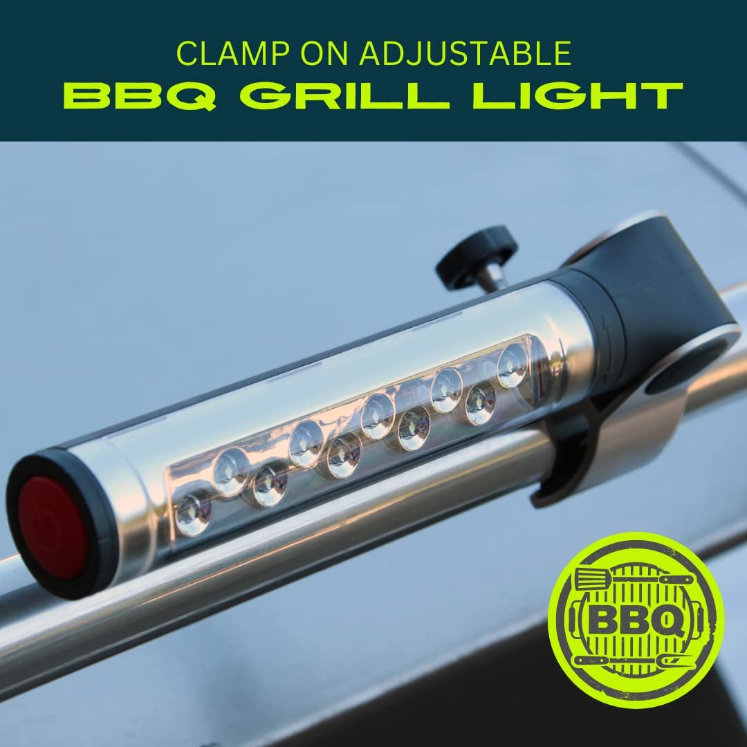 LIGHTACCENTS Barbecue Grill Light, Battery Operated LED BBQ Grill Light, Aluminum Clamp, Adjustable 180 Degrees, 10 LED Bulbs, Perfect for Outdoor Kitchen
