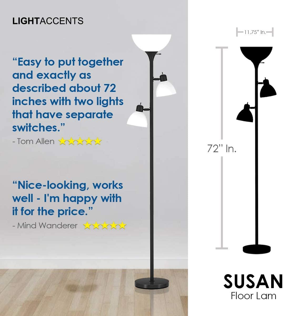 Floor Lamp by Light Accents - Floor Lamp for Living Room - Torchiere 3 Light Tall Lamp - 3 Light Standing Lamp 72" Tall Corner Lamp - Floor Lamp for Bedrooms (Black)