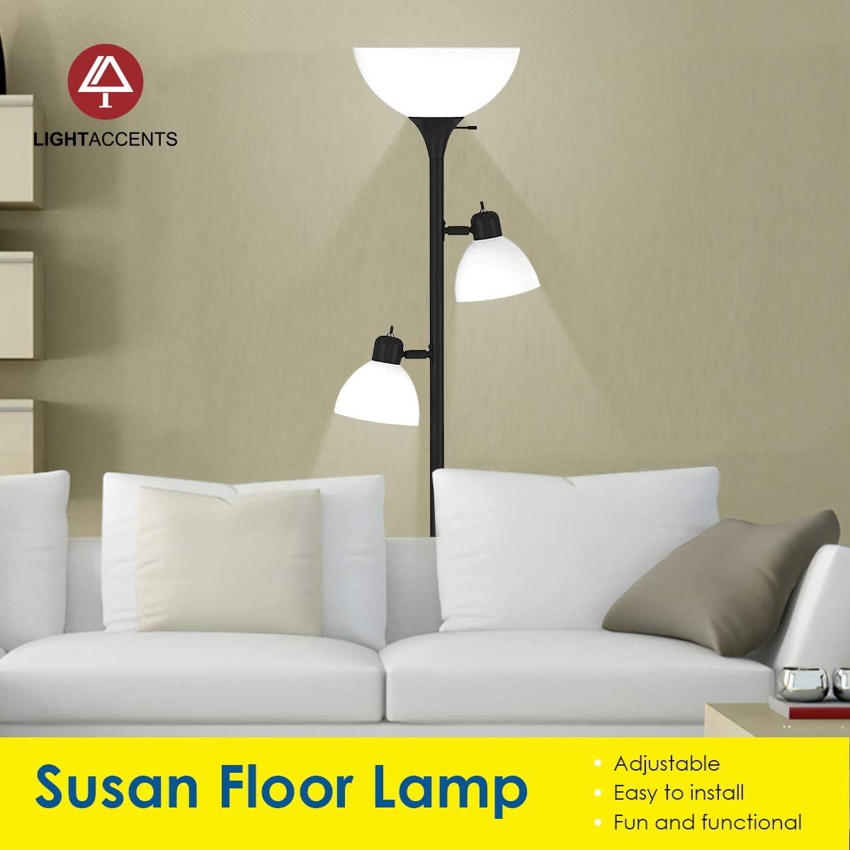 Floor Lamp by Light Accents - Floor Lamp for Living Room - Torchiere 3 Light Tall Lamp - 3 Light Standing Lamp 72" Tall Corner Lamp - Floor Lamp for Bedrooms (Black)