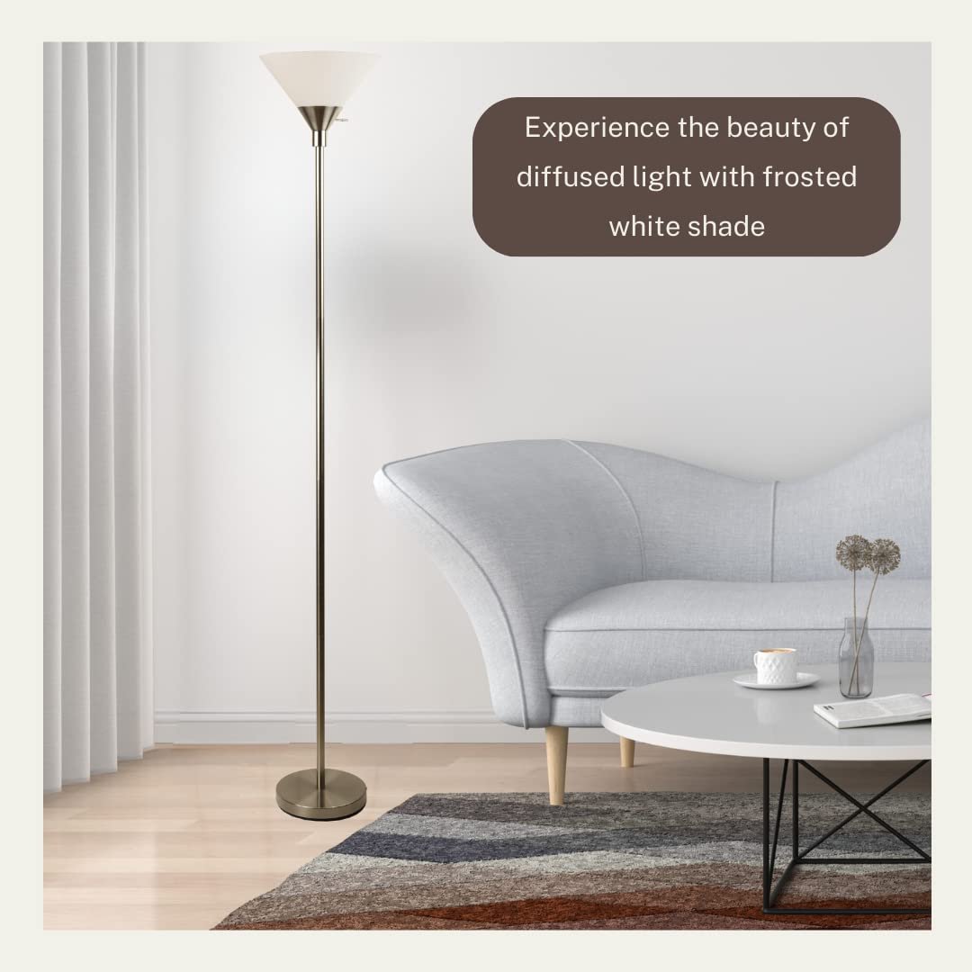 Metro Modern Floor Lamp 72" Tall Floor Light Brushed Nickel Metal With White Shade - Stand Up Lamp - Uplight Pole Light Standing Lamp Floor Lamp For Bedroom Silver Floor Lamps For Living Room