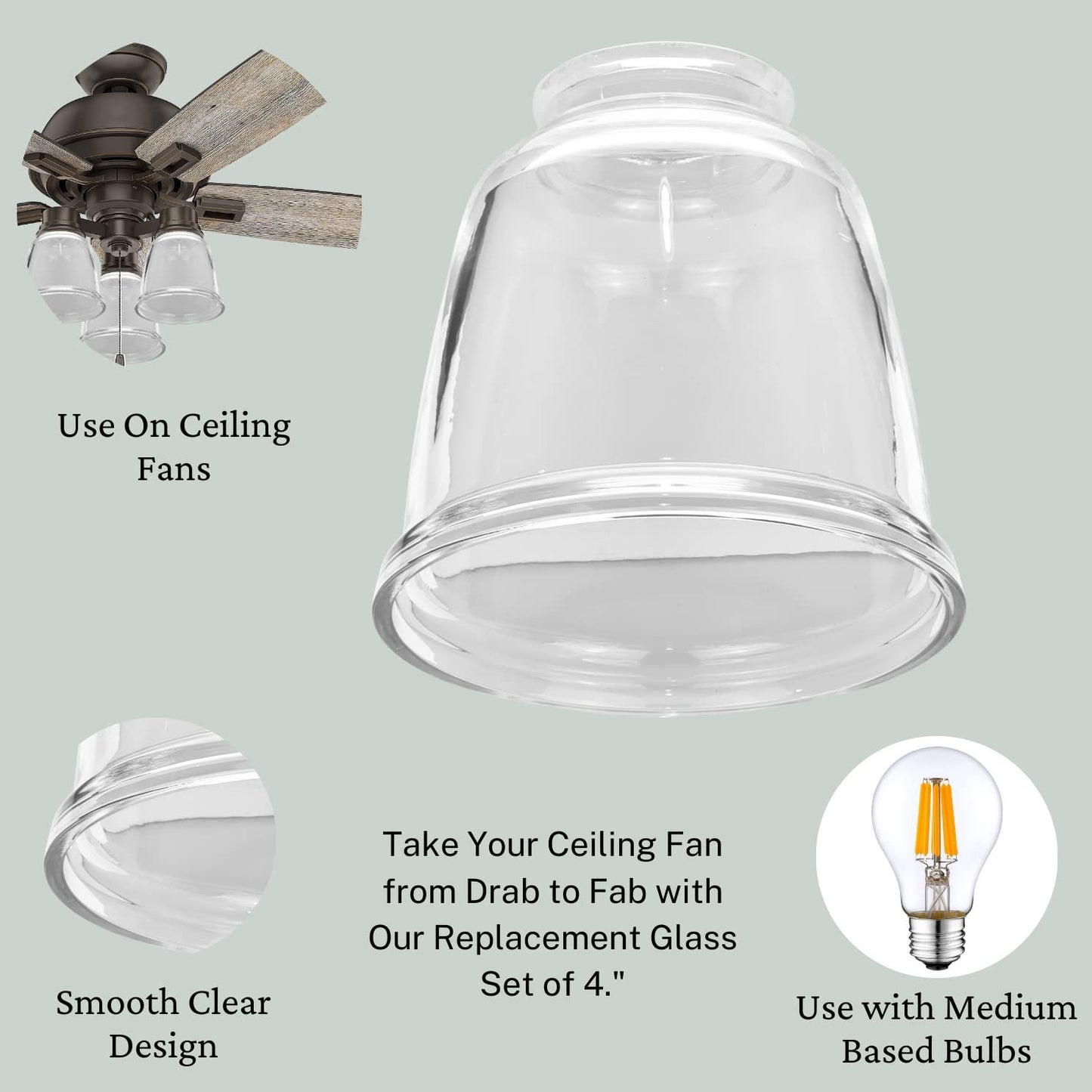 LIGHTACCENTS Ceiling Fan Light Covers For Ceiling Fan Light Kit - Clear Wave Glass Shade Lamp Replacement Kit For Ceiling Fan Light Kits. Clear Glass Shade (4-pack)