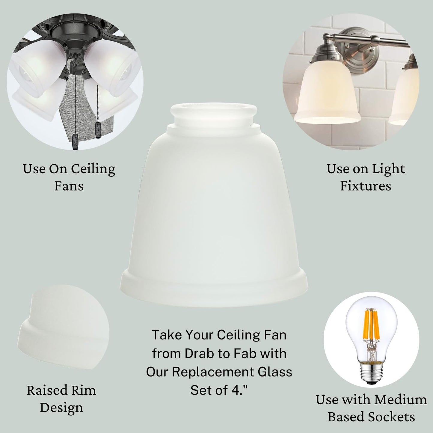 LIGHTACCENTS Ceiling Fan Light Covers For Ceiling Fan Light Kit - Clear Wave Glass Shade Lamp Replacement Kit For Ceiling Fan Light Kits. Clear Glass Shade (4-pack)