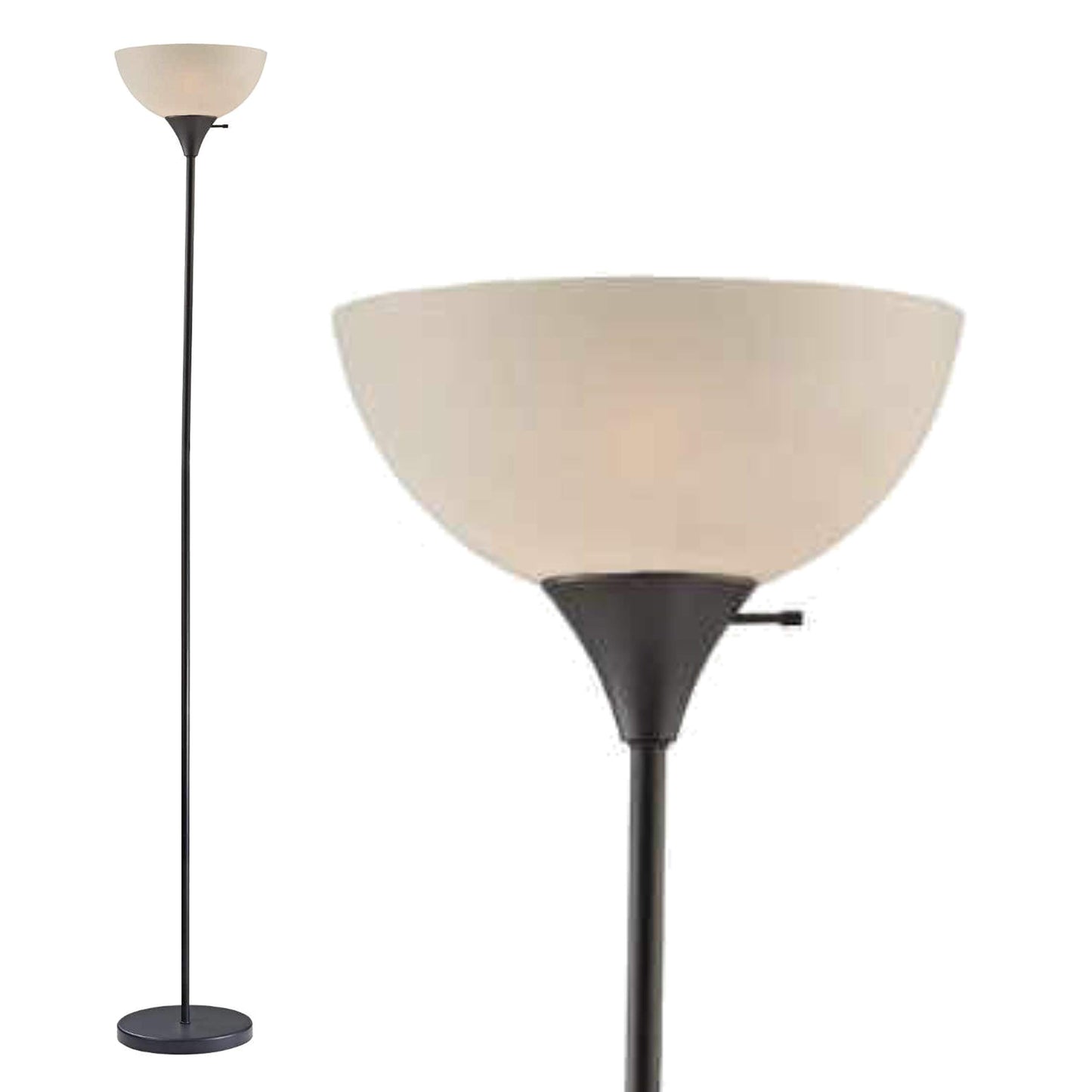 Stand Up Floor Lamp in Black - Modern Corner Light with White Opal Bowl Shade 72" Tall, 150-watt