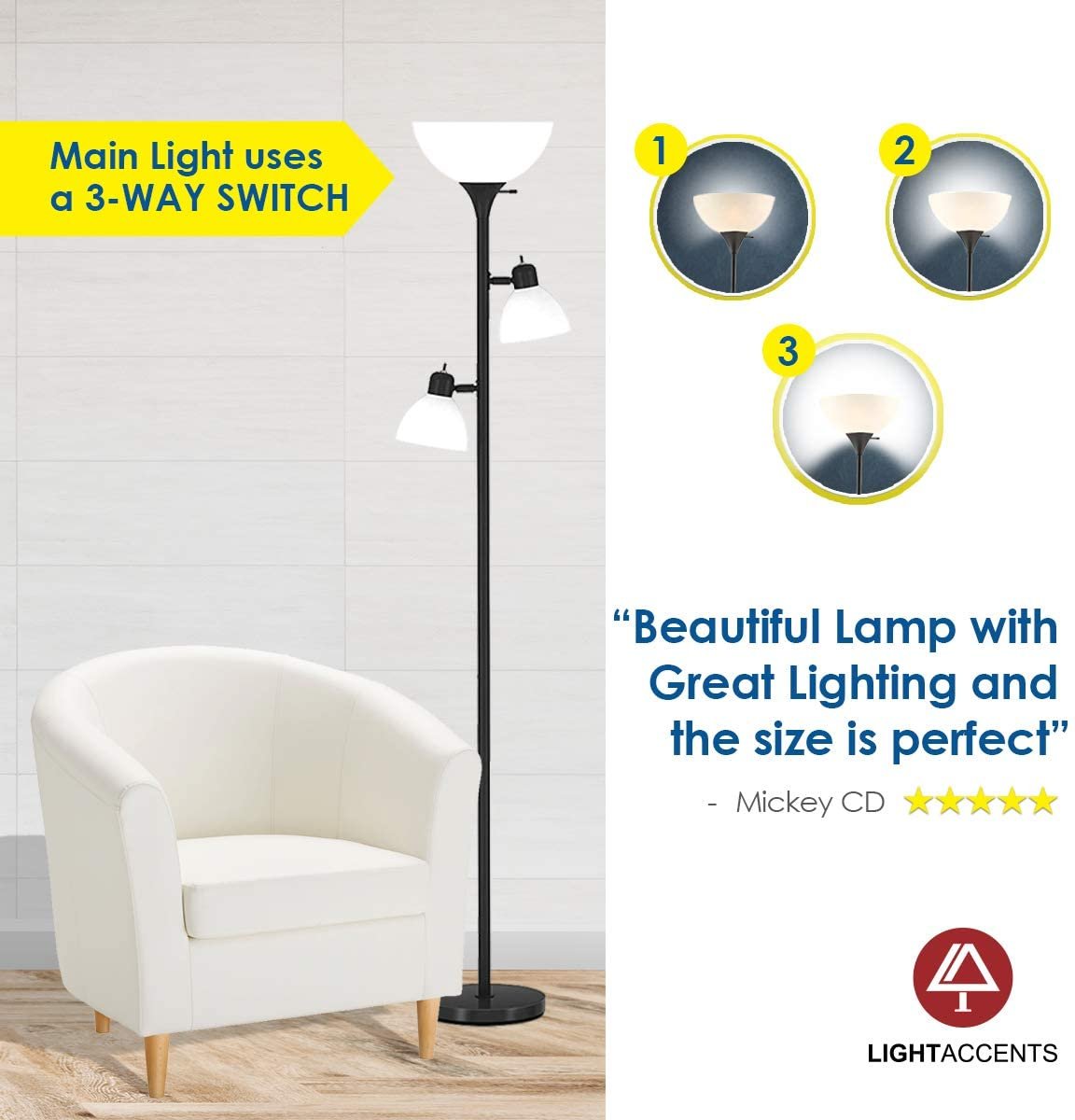 Floor Lamp by Light Accents - Floor Lamp for Living Room - Torchiere 3 Light Tall Lamp - 3 Light Standing Lamp 72" Tall Corner Lamp - Floor Lamp for Bedrooms (Black)