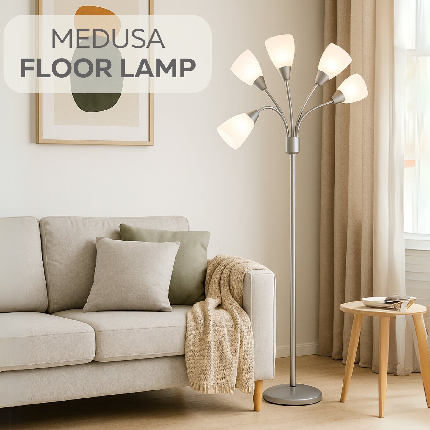 Medusa 5-Light Adjustable Floor Lamp – Black or Silver with White or Multicolor Shades for Living Room, Bedroom, or Office Decor