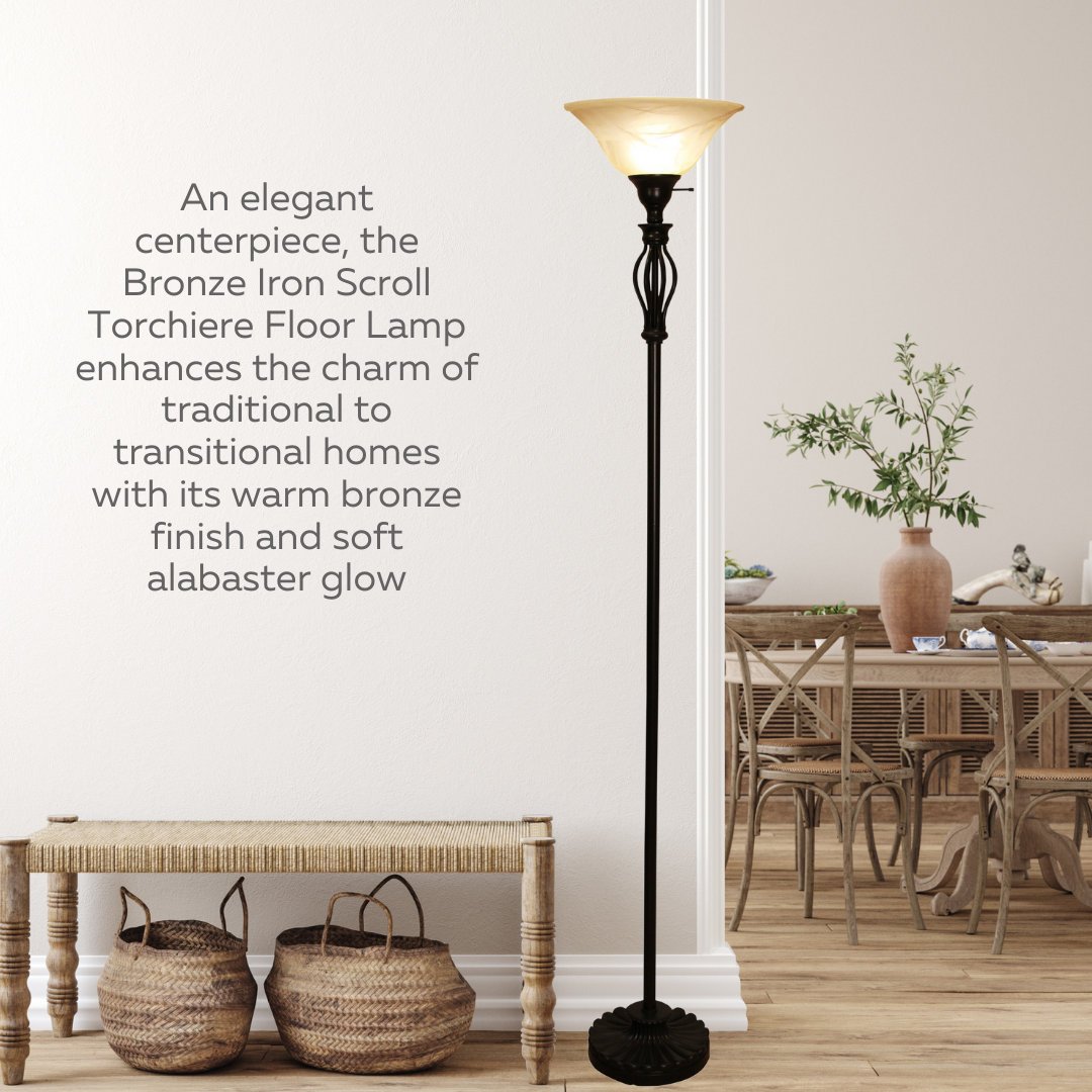 Iron Scroll Floor Lamp with Alabaster Glass Bowl Shade for Living Room Decor - Tall Floor Lamp - Traditional Iron Scrollwork Floor Lamp for Bedroom Floor Lamps for Living room – 70" Tall- (Bronze)