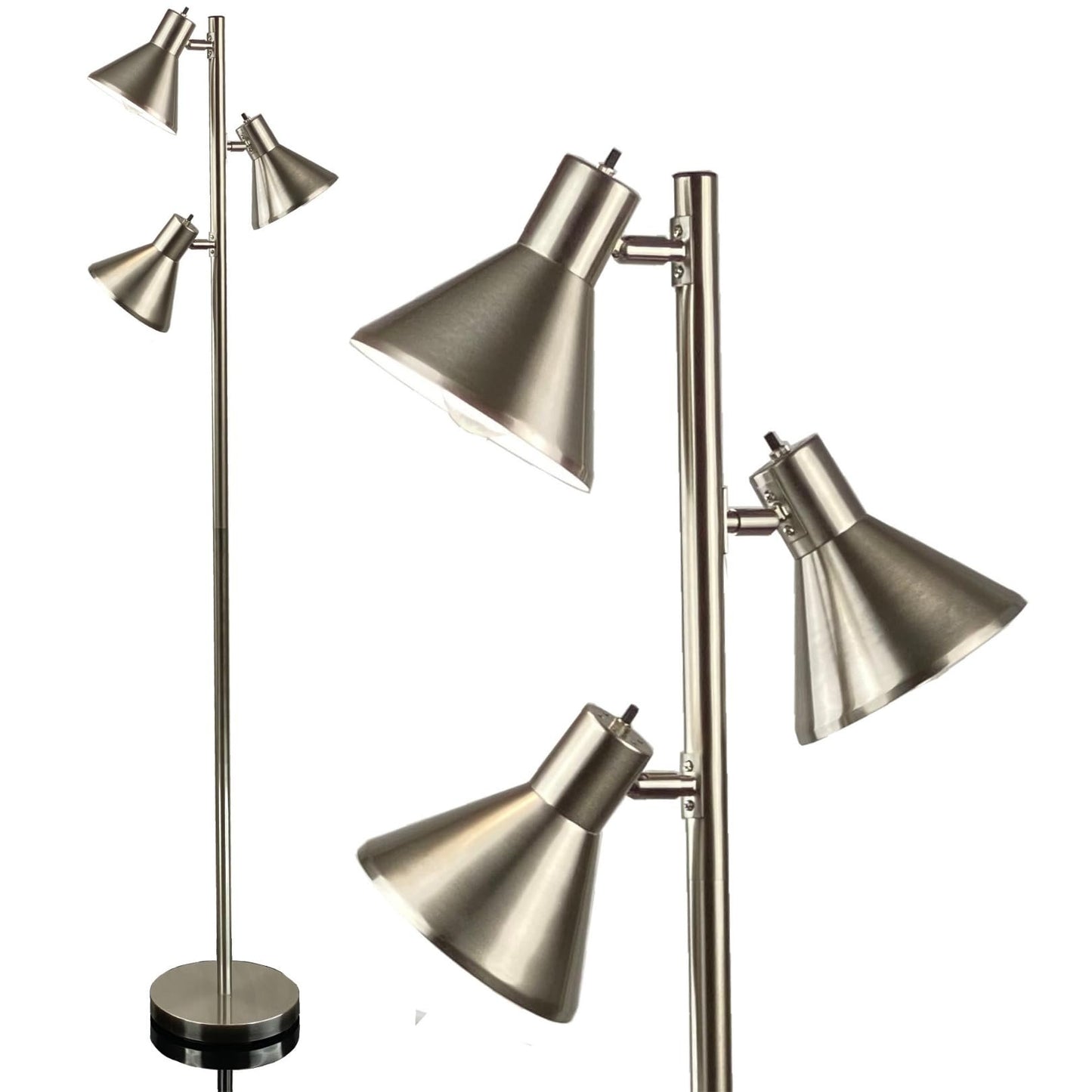 Dorm 3 Light Floor Lamp with 3 Adjustable Reading Room Lights by Lightaccents - Tree Style Standing Lamp with Adjustable Lights - Floor Standing Pole Light - Living Room Lamp (Brushed Nickel)