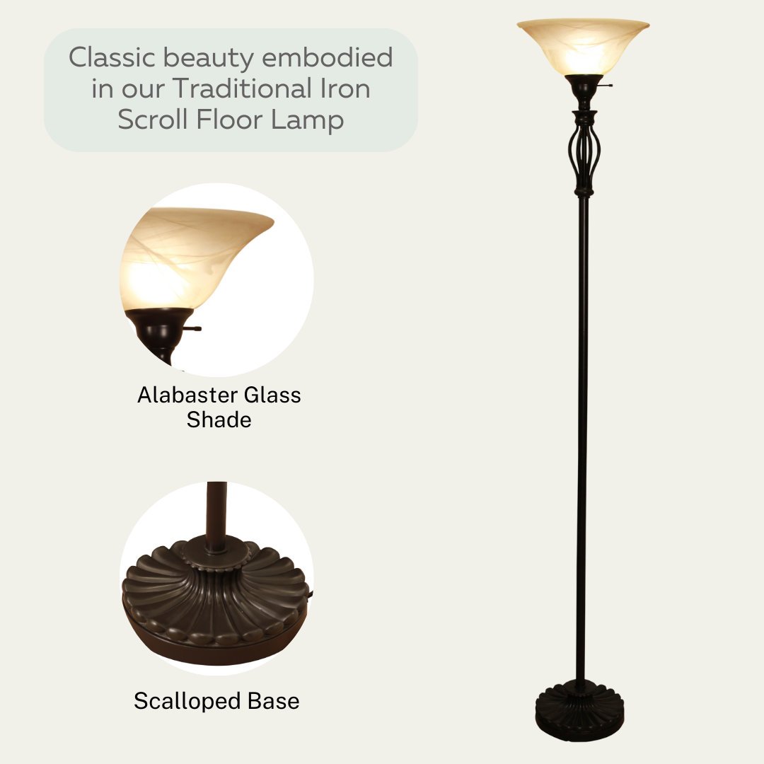 Iron Scroll Floor Lamp with Alabaster Glass Bowl Shade for Living Room Decor - Tall Floor Lamp - Traditional Iron Scrollwork Floor Lamp for Bedroom Floor Lamps for Living room – 70" Tall- (Bronze)