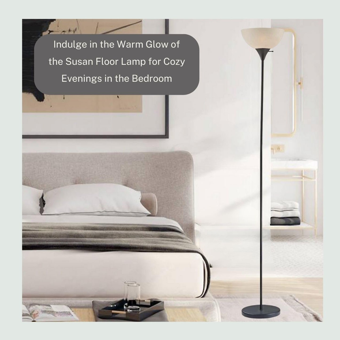 Stand Up Floor Lamp in Black - Modern Corner Light with White Opal Bowl Shade 72" Tall, 150-watt