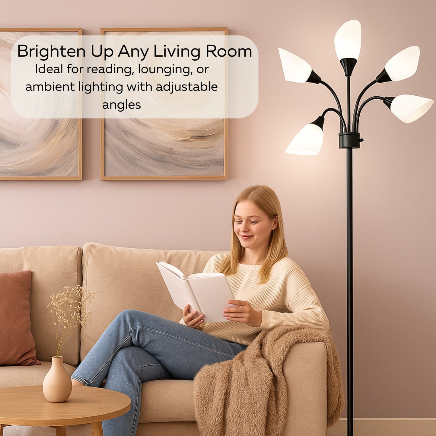 Medusa 5-Light Adjustable Floor Lamp – Black or Silver with White or Multicolor Shades for Living Room, Bedroom, or Office Decor