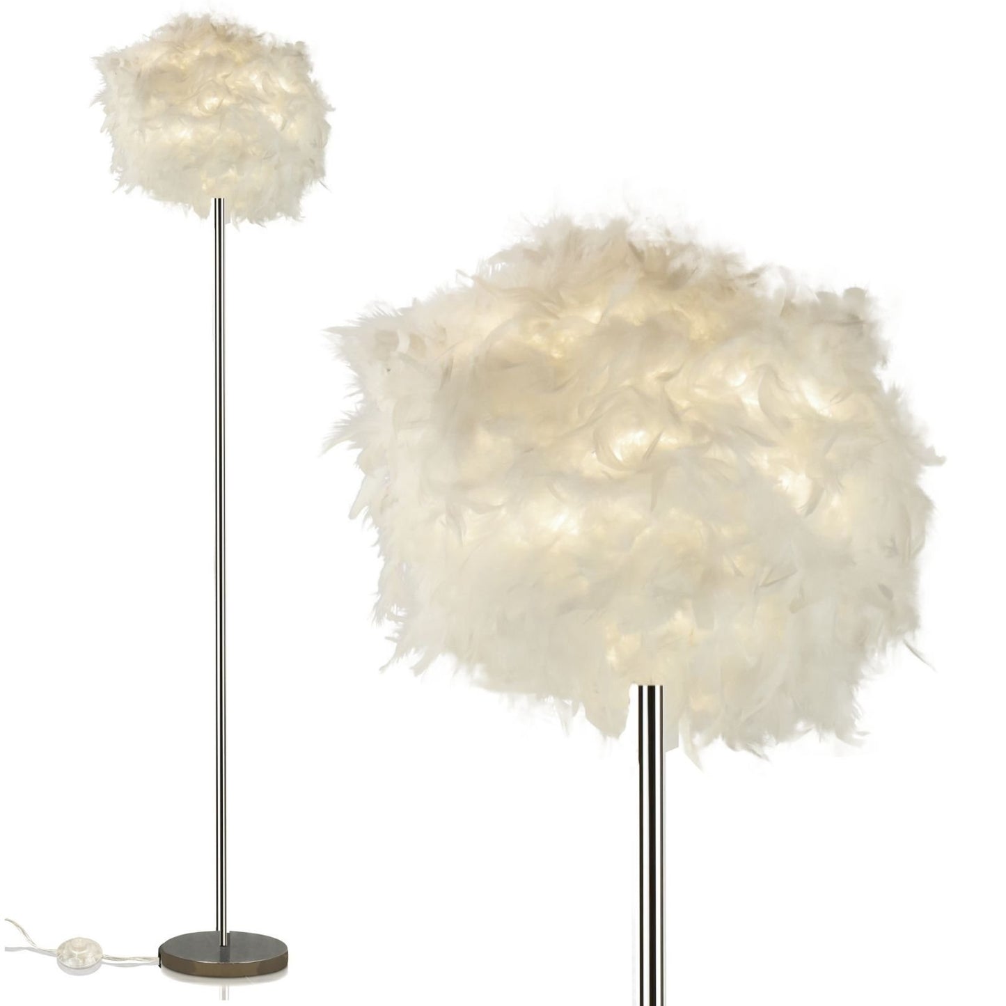 Faux Feather Floor Lamp With White Shade - Chic Feather Shade  Polished Chrome Metal Finish