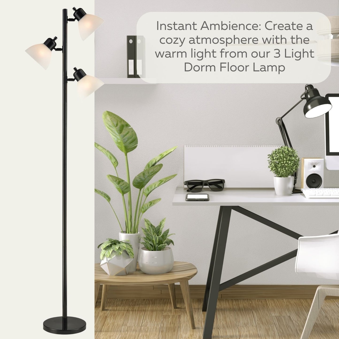 Dorm 3 Light Floor Lamp Tree Style Standing Pole Lamp with Adjustable Lights