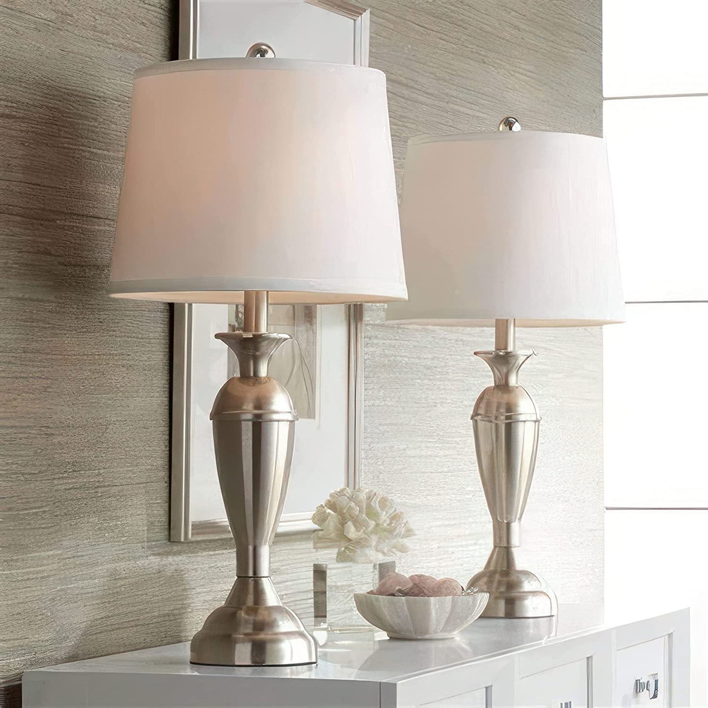 Lamp Shades For Table Lamps - Hand-Crafted Natural Linen Fabric (10" Top x 12" Diam x 9" Tall)- Fits Most Light Fixtures Nickel Spider Harp Included - White Linen Fabric with Nickel Finish (1-Pack)
