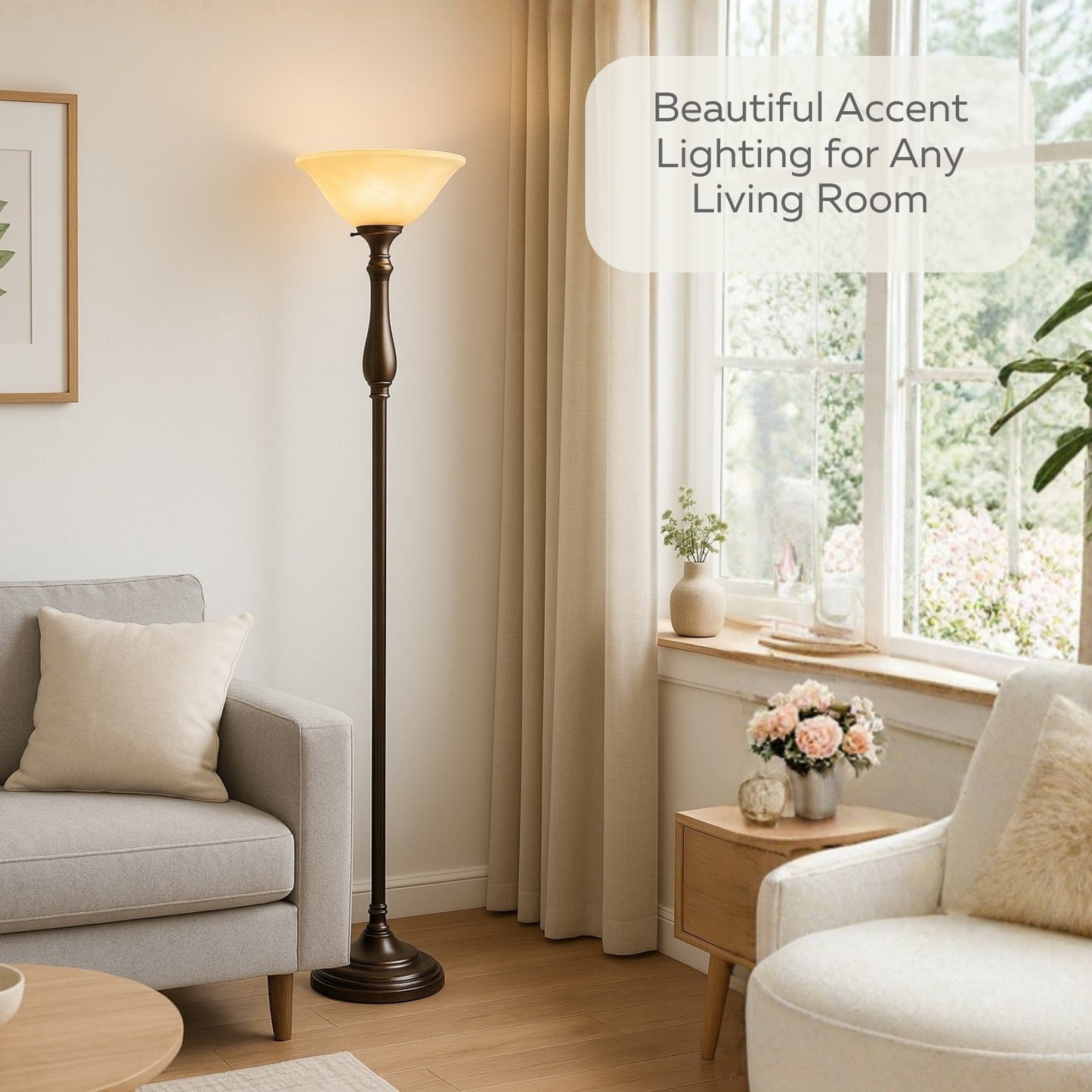 Tall Torchiere Floor Lamp with Alabaster Glass – Brushed Nickel or Oil Rubbed Bronze | 72” E26 100W