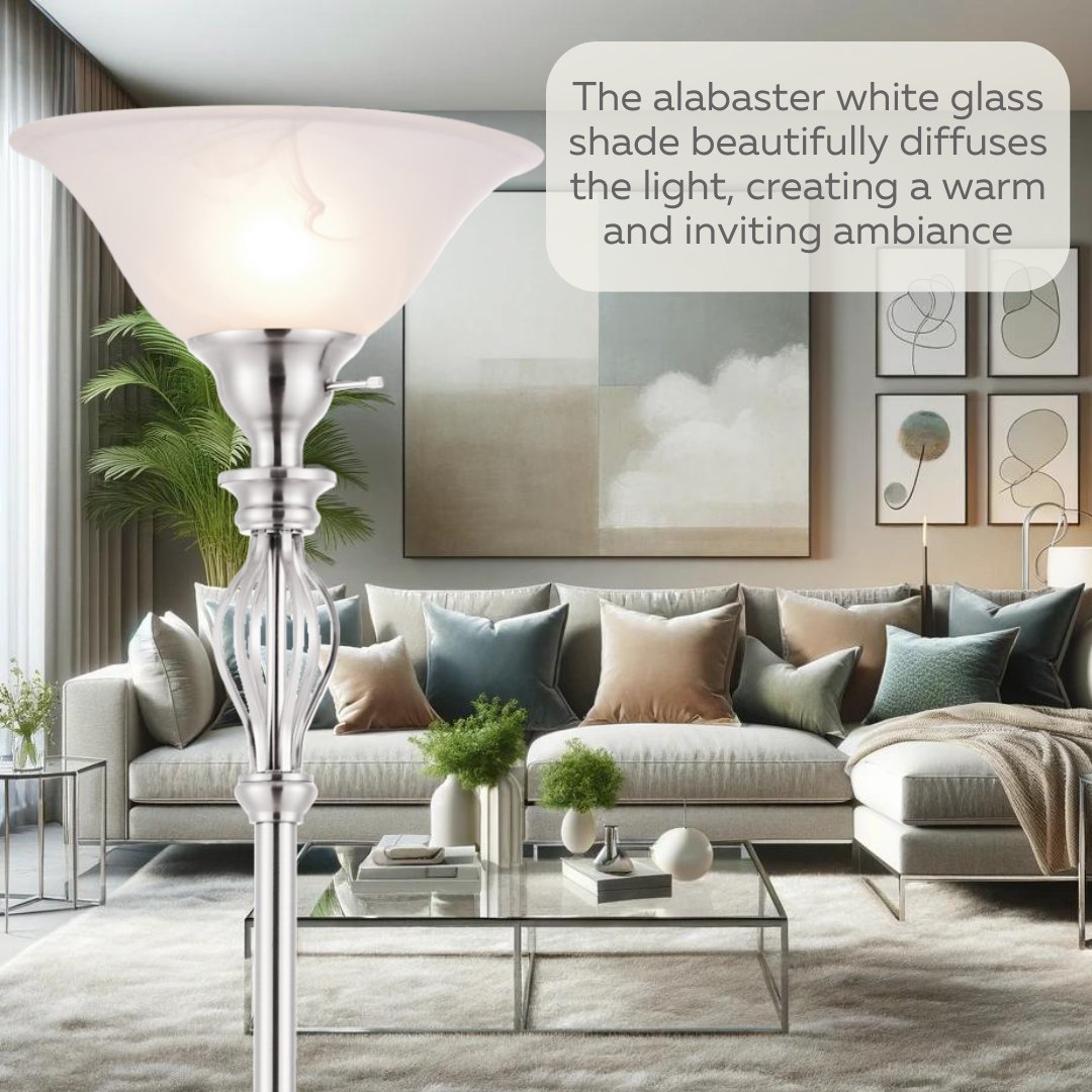 LIGHTACCENTS Silver Floor Lamp for Living Room with White Alabaster Glass Shade - Stand Up Torchiere Lamp - Durable Iron Scrollwork - Brushed Nickel Pole Lamp - Elegant Floor Lamp for Bedrooms