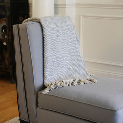 DECOR WORKS Luxurious Boho Throw Blanket Elegant, Soft Knitted Herringbone Couch Throw, Versatile 48x60, Perfect for Cozy Evenings, in Stylish Grey & Calming Blue Options