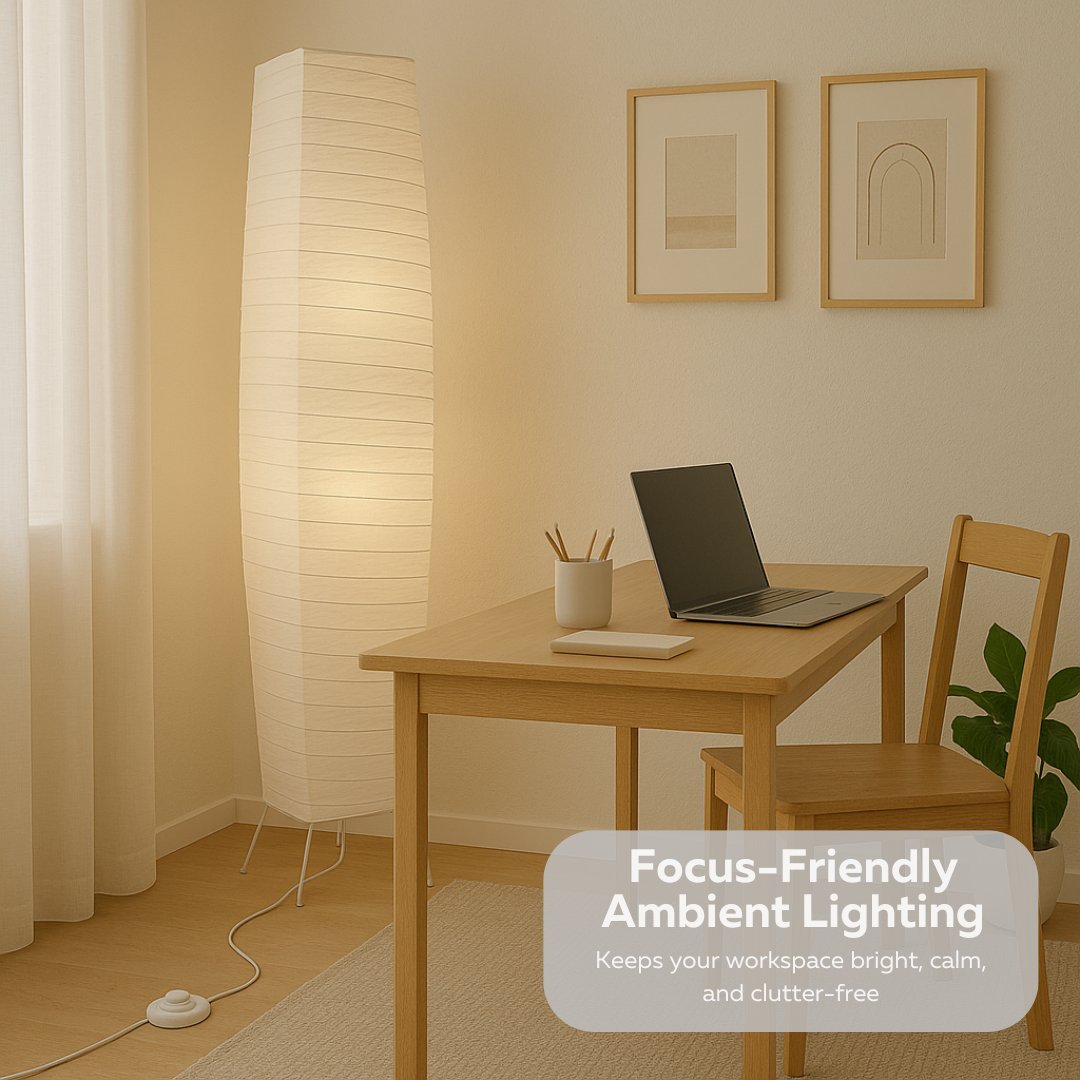 Japanese Rice Paper Floor Lamp – 50” Tall Chrome Base with White Paper Shade