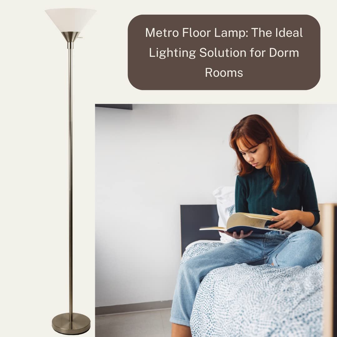 Metro Modern Floor Lamp 72" Tall Floor Light Brushed Nickel Metal With White Shade - Stand Up Lamp - Uplight Pole Light Standing Lamp Floor Lamp For Bedroom Silver Floor Lamps For Living Room