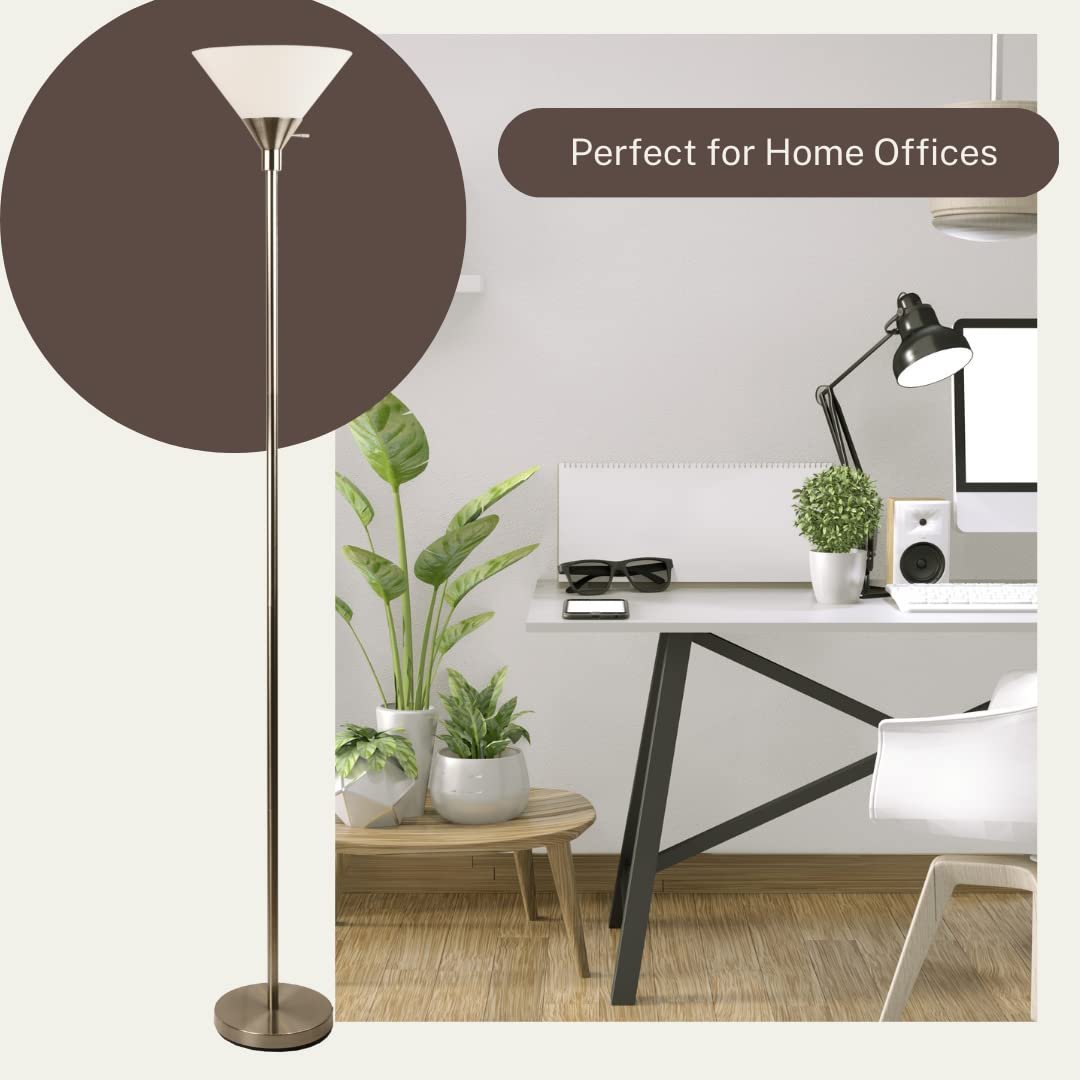 Metro Modern Floor Lamp 72" Tall Floor Light Brushed Nickel Metal With White Shade - Stand Up Lamp - Uplight Pole Light Standing Lamp Floor Lamp For Bedroom Silver Floor Lamps For Living Room