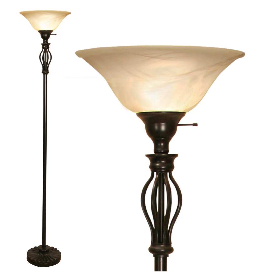 LIGHTACCENTS Floor Lamp for Living Room with Alabaster Glass Shade - Stand Up Torchiere Lamp - Durable Iron Scrollwork