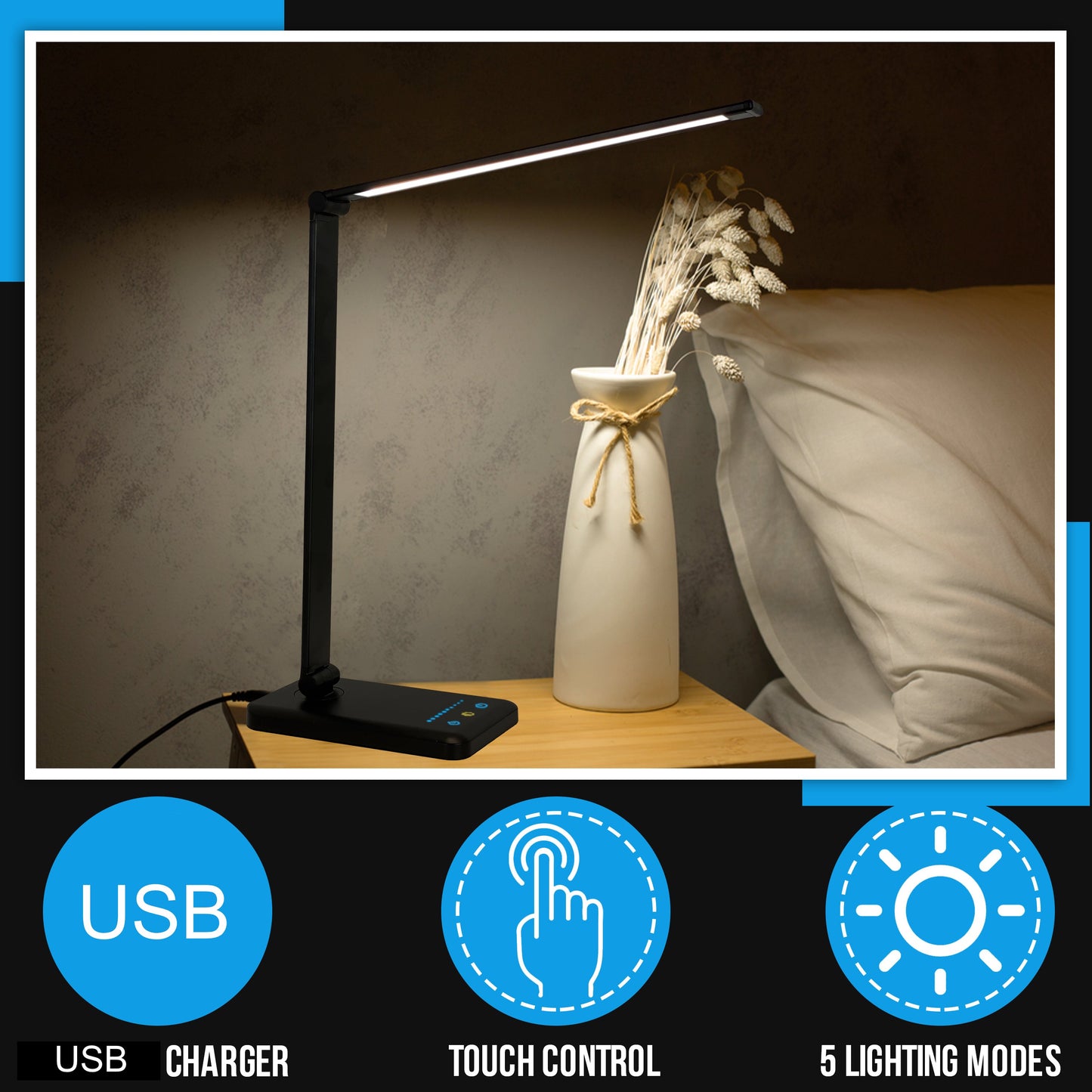 LED Desk Lamp with USB Charging Port Aluminum Construction (Black)