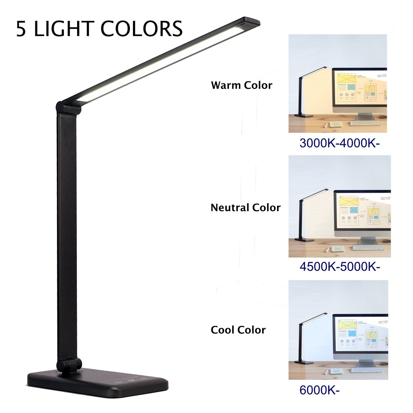 LED Desk Lamp with USB Charging Port Aluminum Construction (Black)