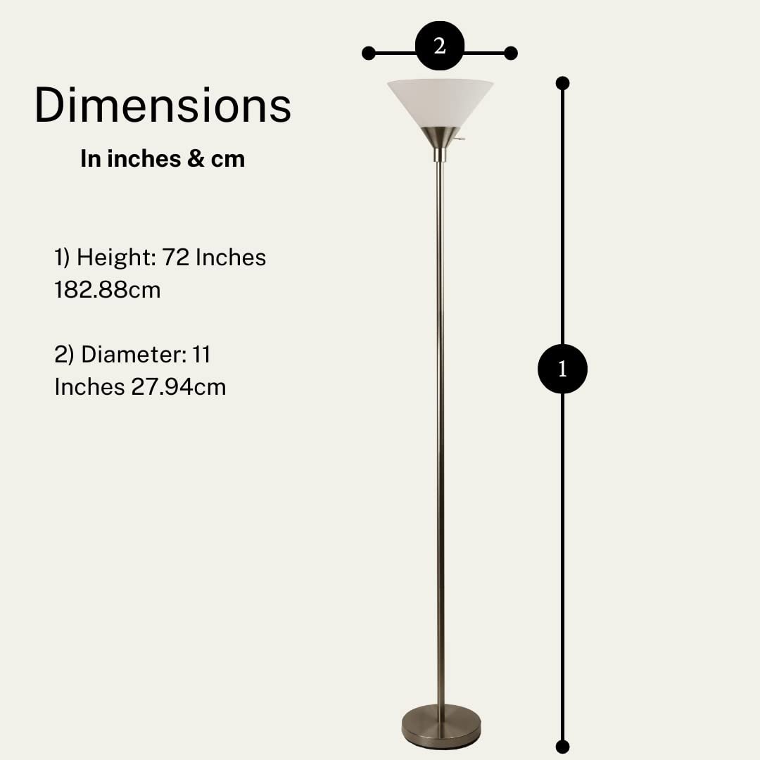 Metro Modern Floor Lamp 72" Tall Floor Light Brushed Nickel Metal With White Shade - Stand Up Lamp - Uplight Pole Light Standing Lamp Floor Lamp For Bedroom Silver Floor Lamps For Living Room