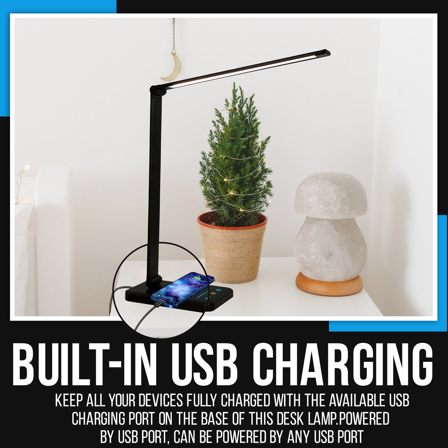 LED Desk Lamp with USB Charging Port Aluminum Construction (Black)