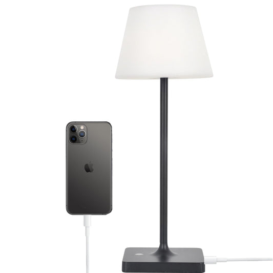 USB Rechargeable Battery Powered Cordless LED Dimmable Touch Table Lamp with USB Charger Portable Lantern for Outdoor or Bedroom Black with White Shade
