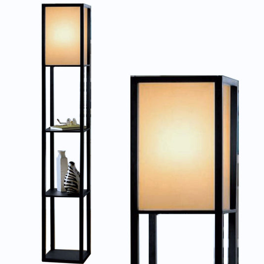 Modern Black Floor Lamp with Shelves, - Wooden Storage Shelf Floor Lamp for Living Room, Bedroom