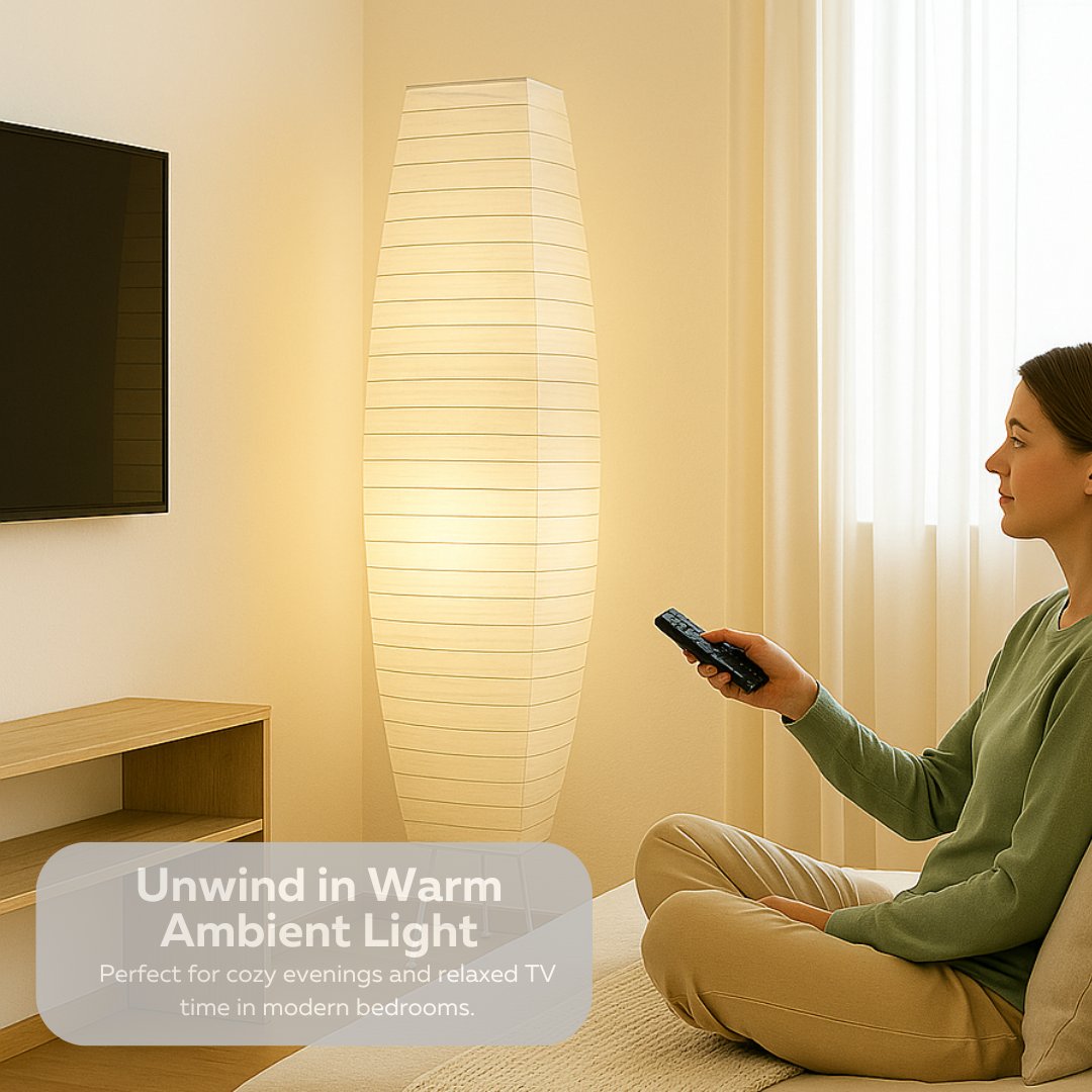 Japanese Rice Paper Floor Lamp – 50” Tall Chrome Base with White Paper Shade