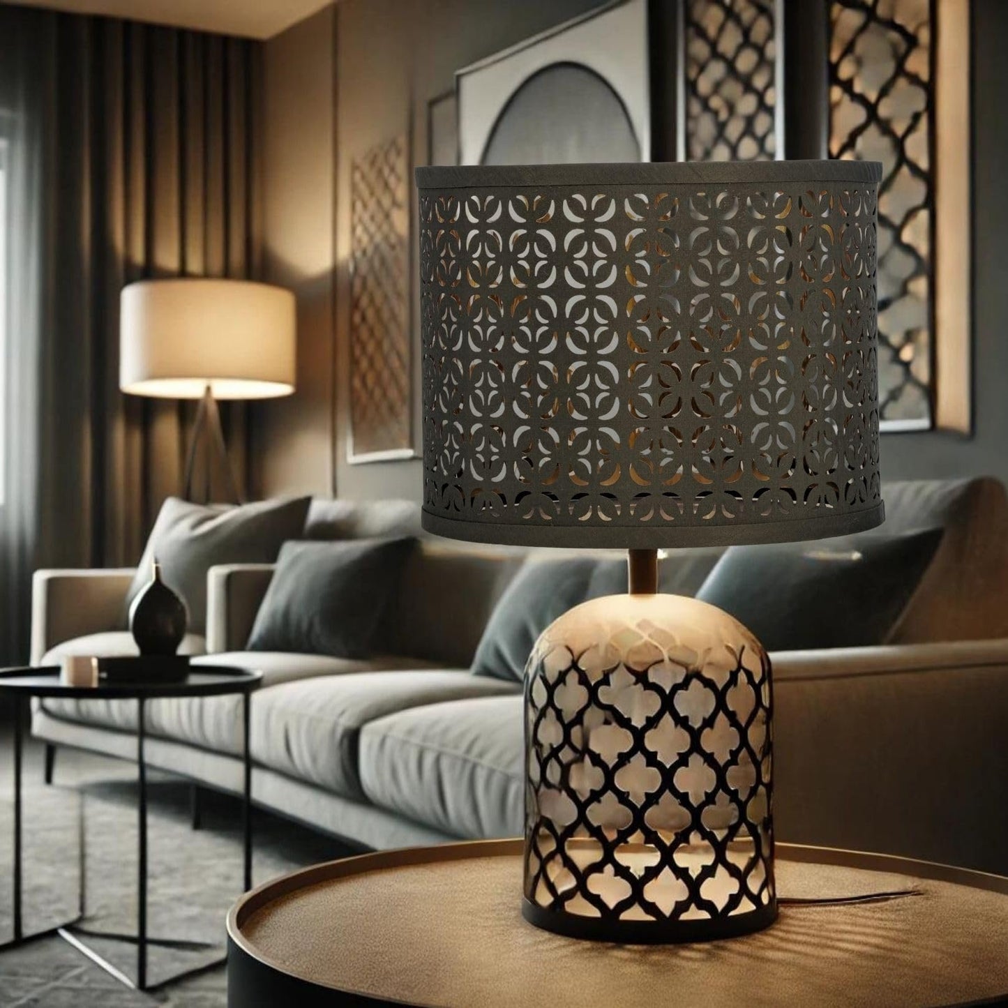 LIGHTACCENTS Quatrefoil Pattern Drum Shade For Table Lamps - Laser Cut 12.7" Diam x 10" Tall Fits Most Light Fixtures Black Harp Included - Black Quatrefoil Pattern (1-Pack)