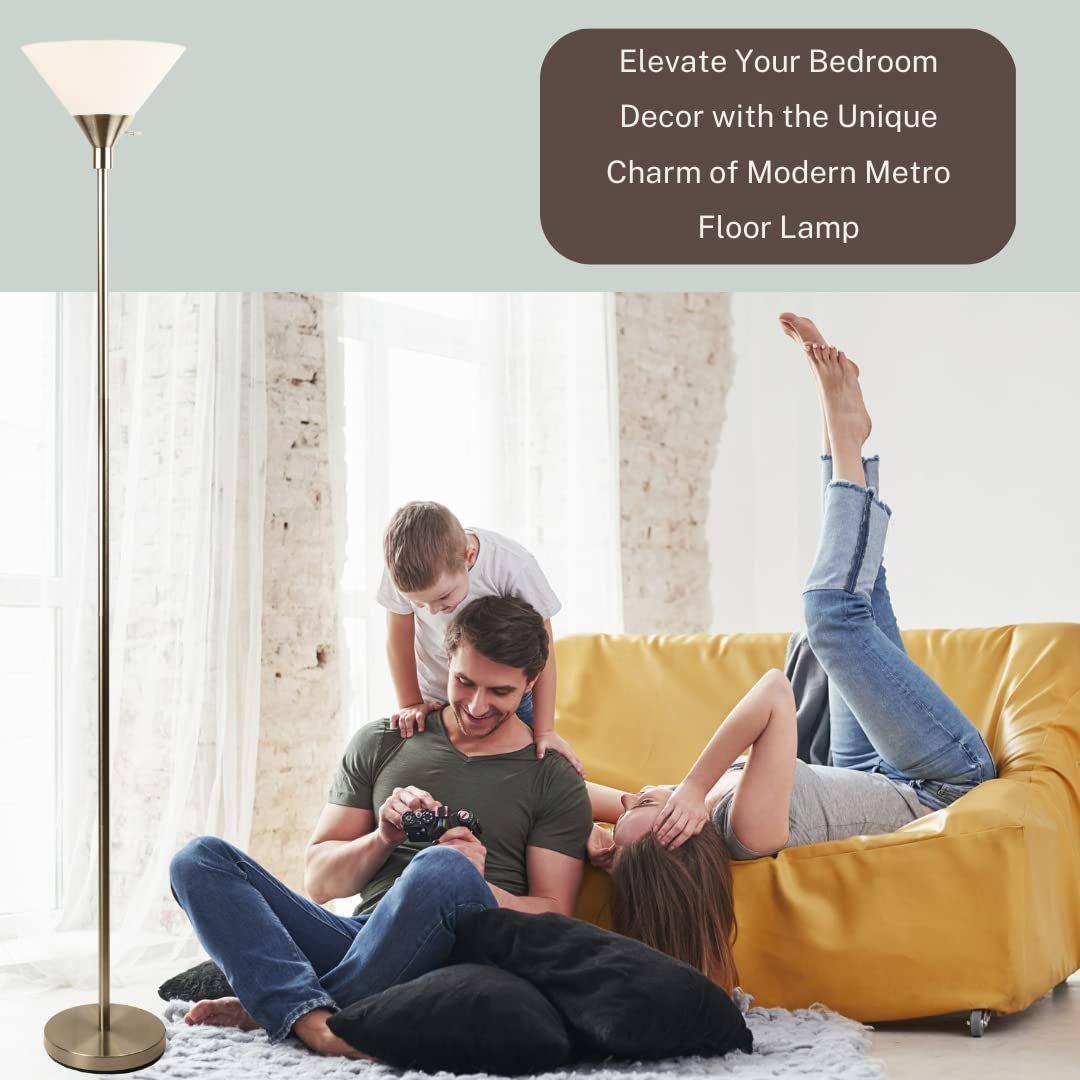 Metro Modern Floor Lamp 72" Tall Floor Light Brushed Nickel Metal With White Shade - Stand Up Lamp - Uplight Pole Light Standing Lamp Floor Lamp For Bedroom Silver Floor Lamps For Living Room