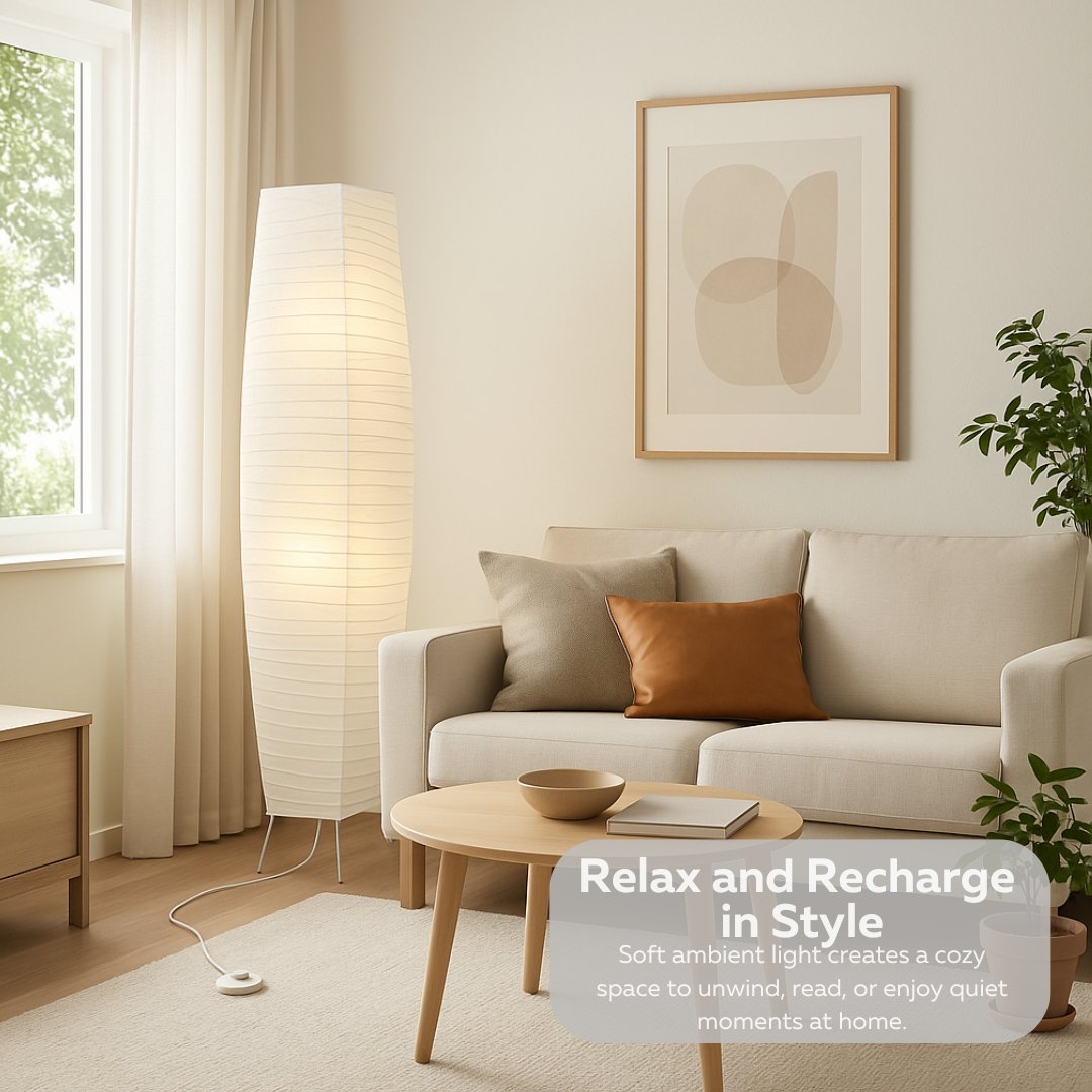 Japanese Rice Paper Floor Lamp – 50” Tall Chrome Base with White Paper Shade