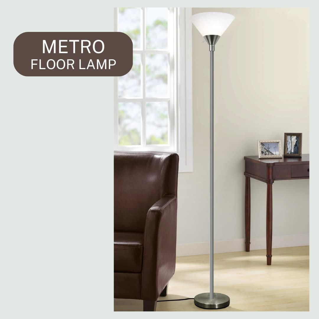 Metro Modern Floor Lamp 72" Tall Floor Light Brushed Nickel Metal With White Shade - Stand Up Lamp - Uplight Pole Light Standing Lamp Floor Lamp For Bedroom Silver Floor Lamps For Living Room