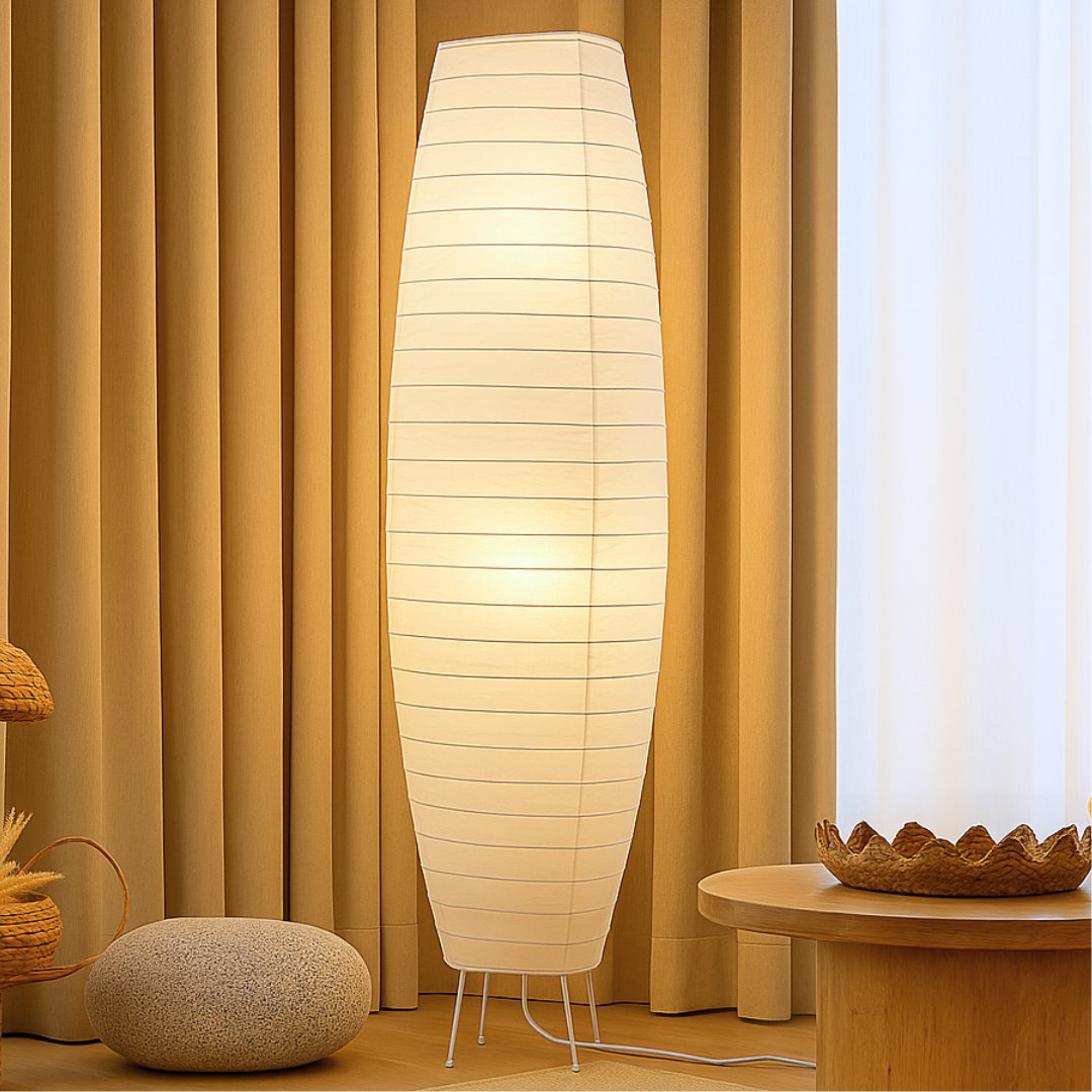 Japanese Rice Paper Floor Lamp – 50” Tall Chrome Base with White Paper Shade
