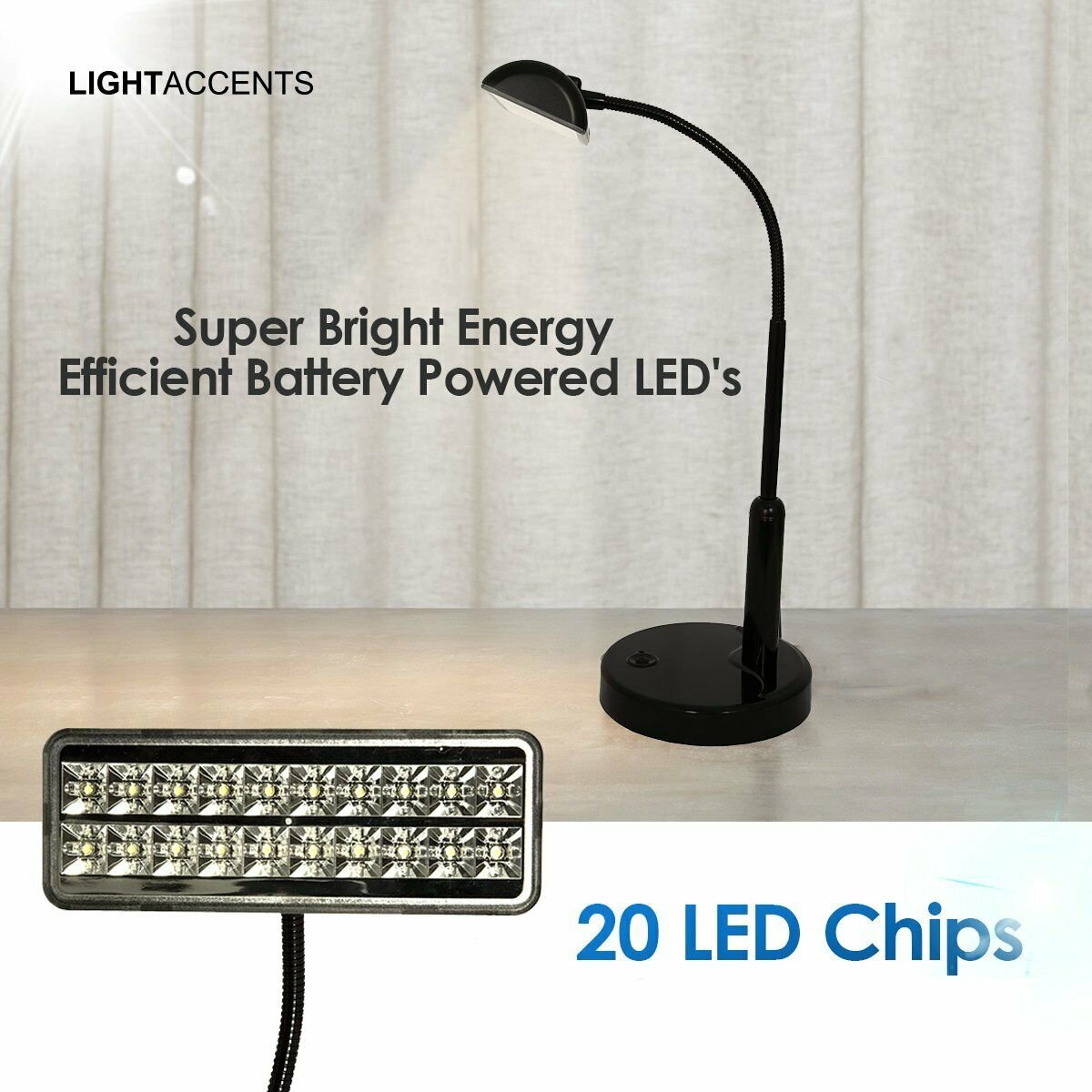 Battery Powered LED Desk Lamp with Adjustable Metal Gooseneck (Black)
